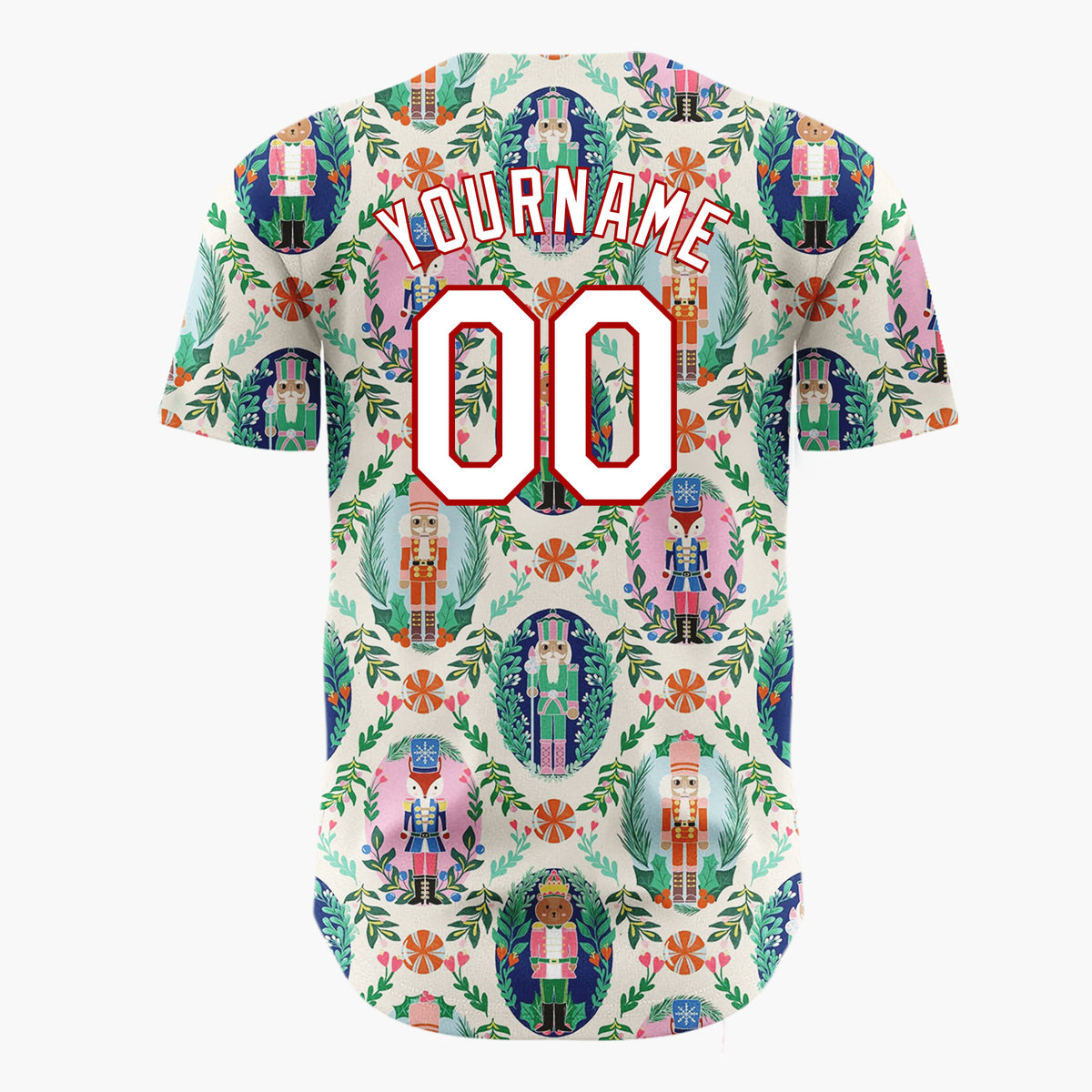 Custom Cream Pink Green Nutcracker Characters With Floral Wreaths Elegant Holiday Pattern Christmas Baseball Jersey