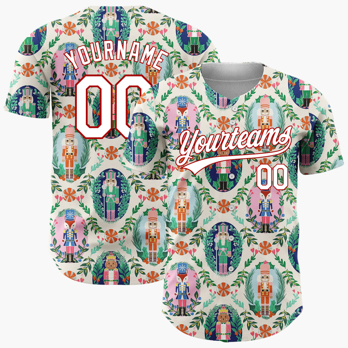 Custom Cream Pink Green Nutcracker Characters With Floral Wreaths Elegant Holiday Pattern Christmas Baseball Jersey