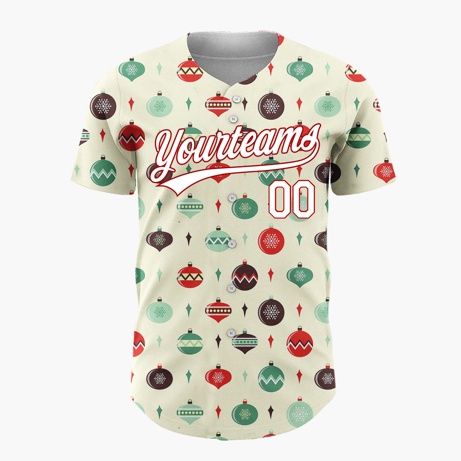 Custom Cream Green Retro Baubles And Diamonds Mid Century Holiday Pattern Christmas Baseball Jersey