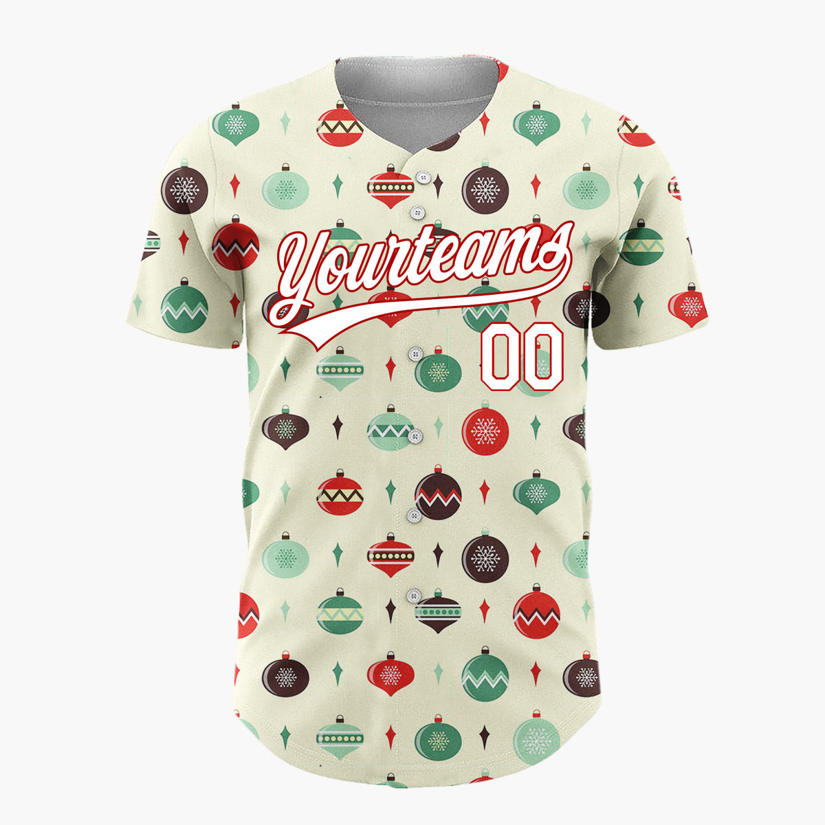 Custom Cream Green Retro Baubles And Diamonds Mid Century Holiday Pattern Christmas Baseball Jersey