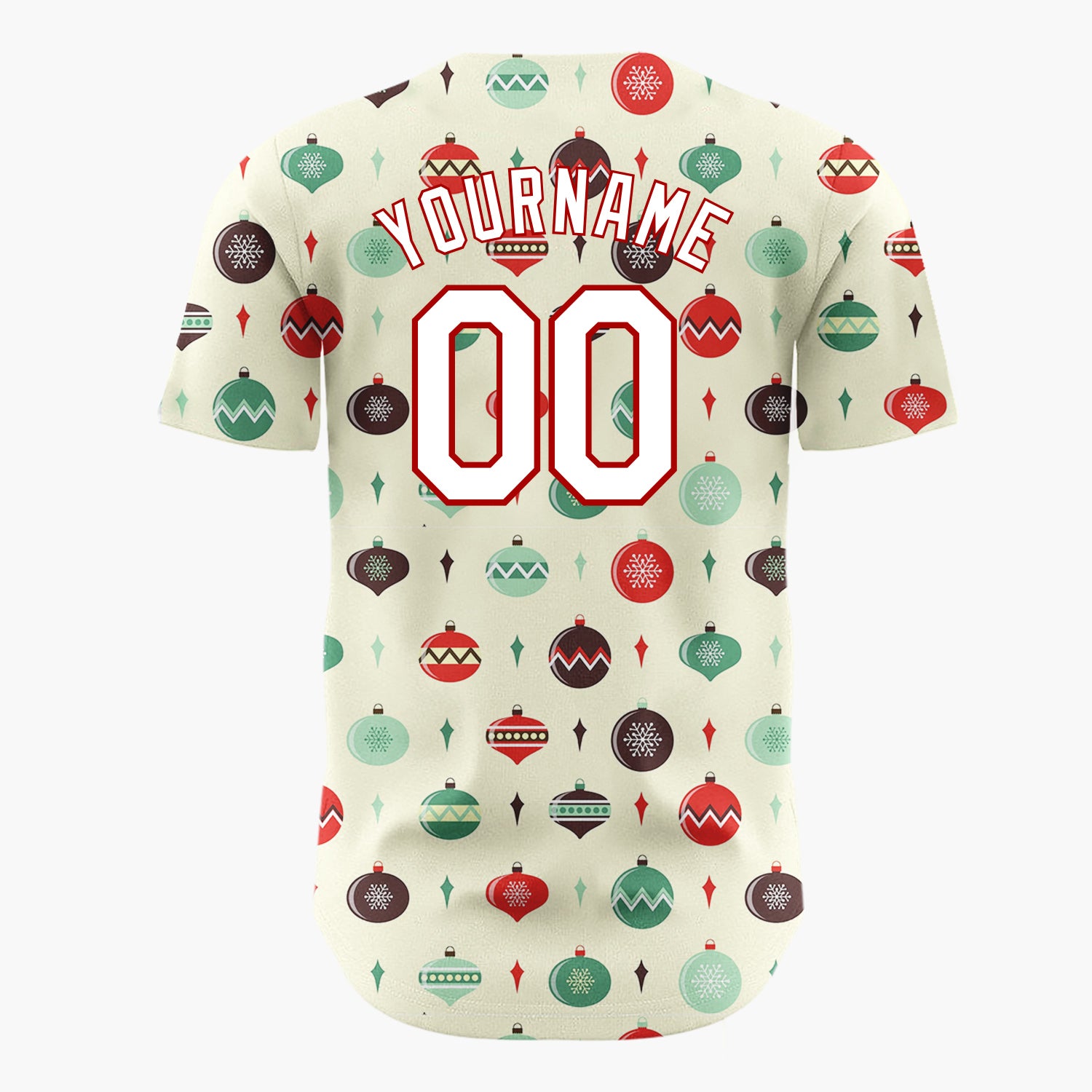 Custom Cream Green Retro Baubles And Diamonds Mid Century Holiday Pattern Christmas Baseball Jersey