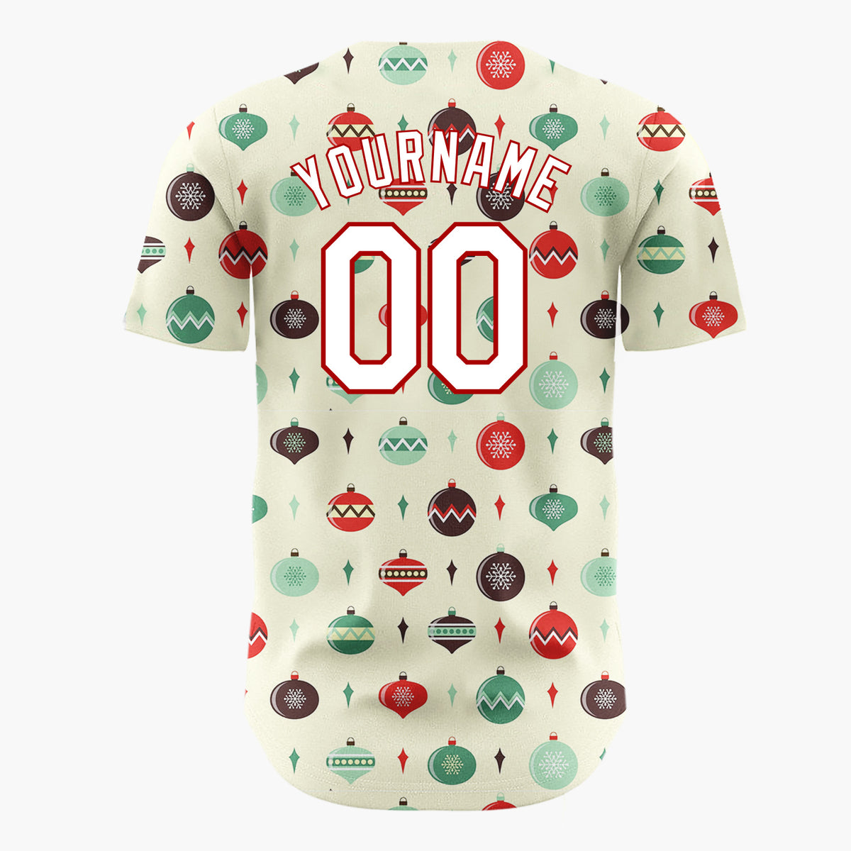 Custom Cream Green Retro Baubles And Diamonds Mid Century Holiday Pattern Christmas Baseball Jersey