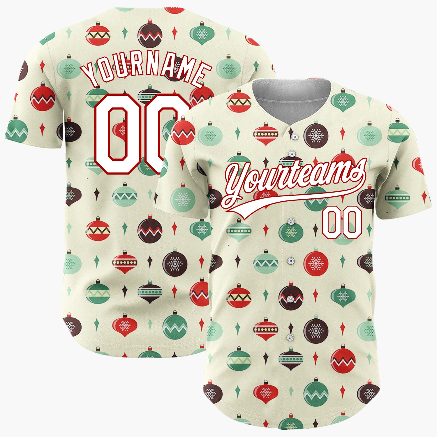 Custom Cream Green Retro Baubles And Diamonds Mid Century Holiday Pattern Christmas Baseball Jersey