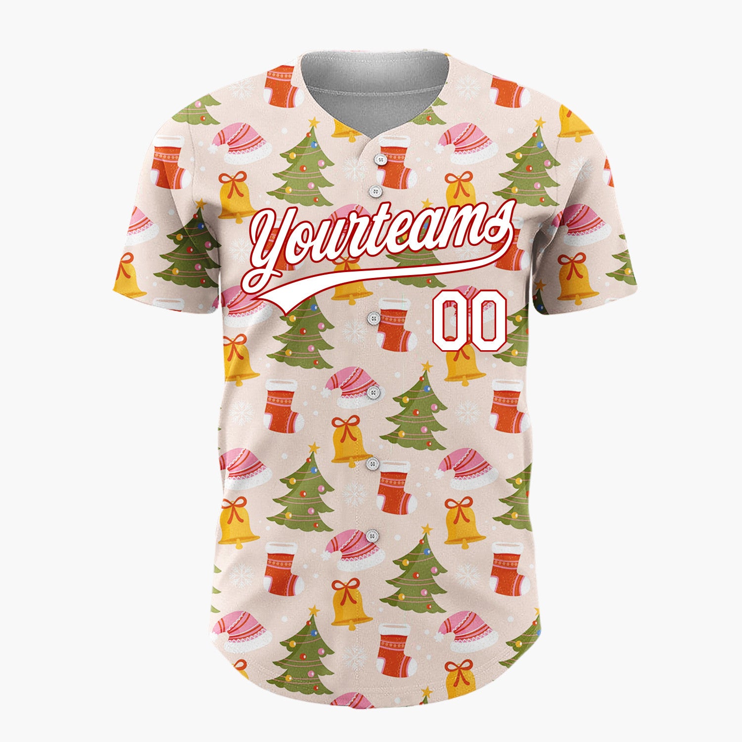 Custom Blush Pink Festive Christmas Trees And Bells Pattern Christmas Baseball Jersey