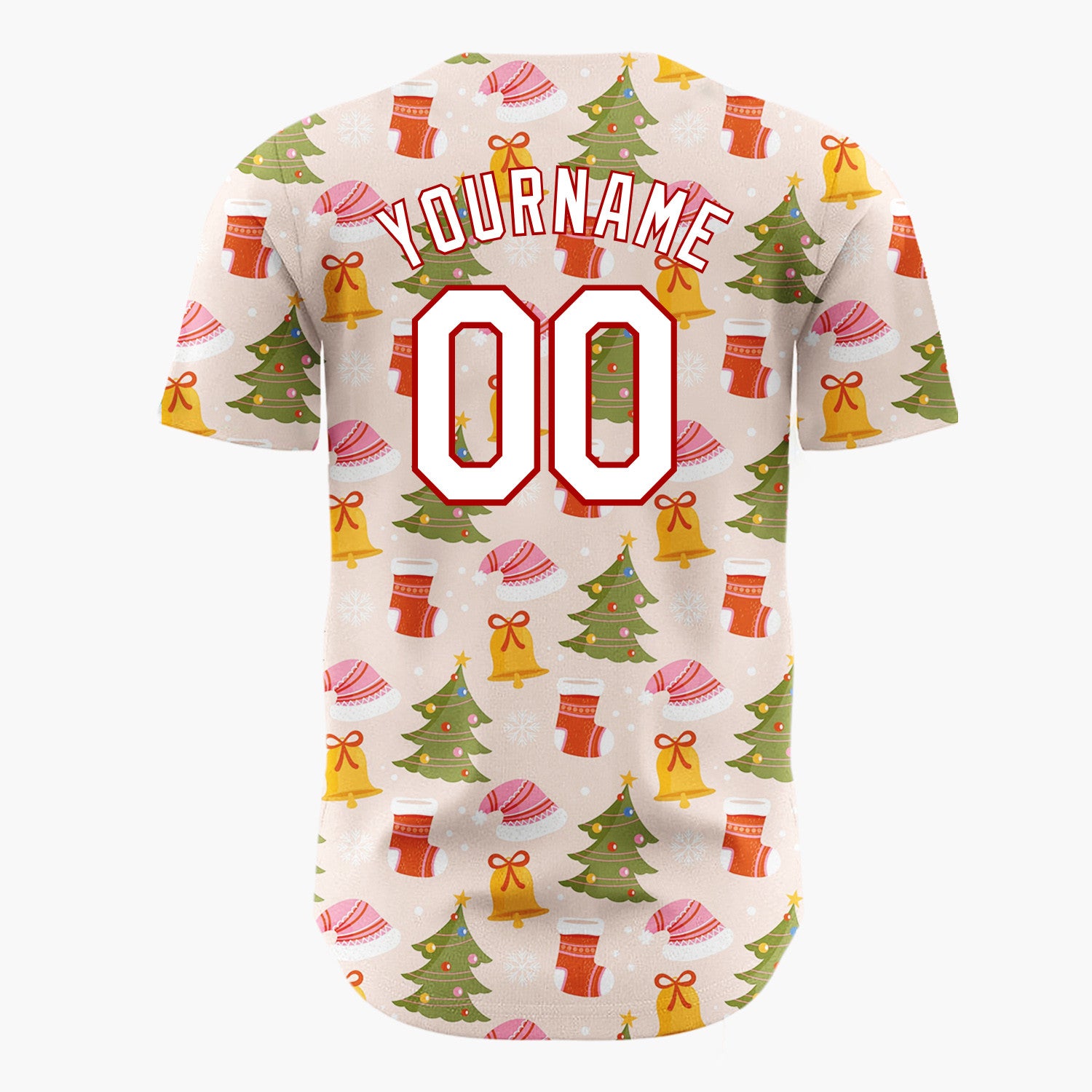 Custom Blush Pink Festive Christmas Trees And Bells Pattern Christmas Baseball Jersey