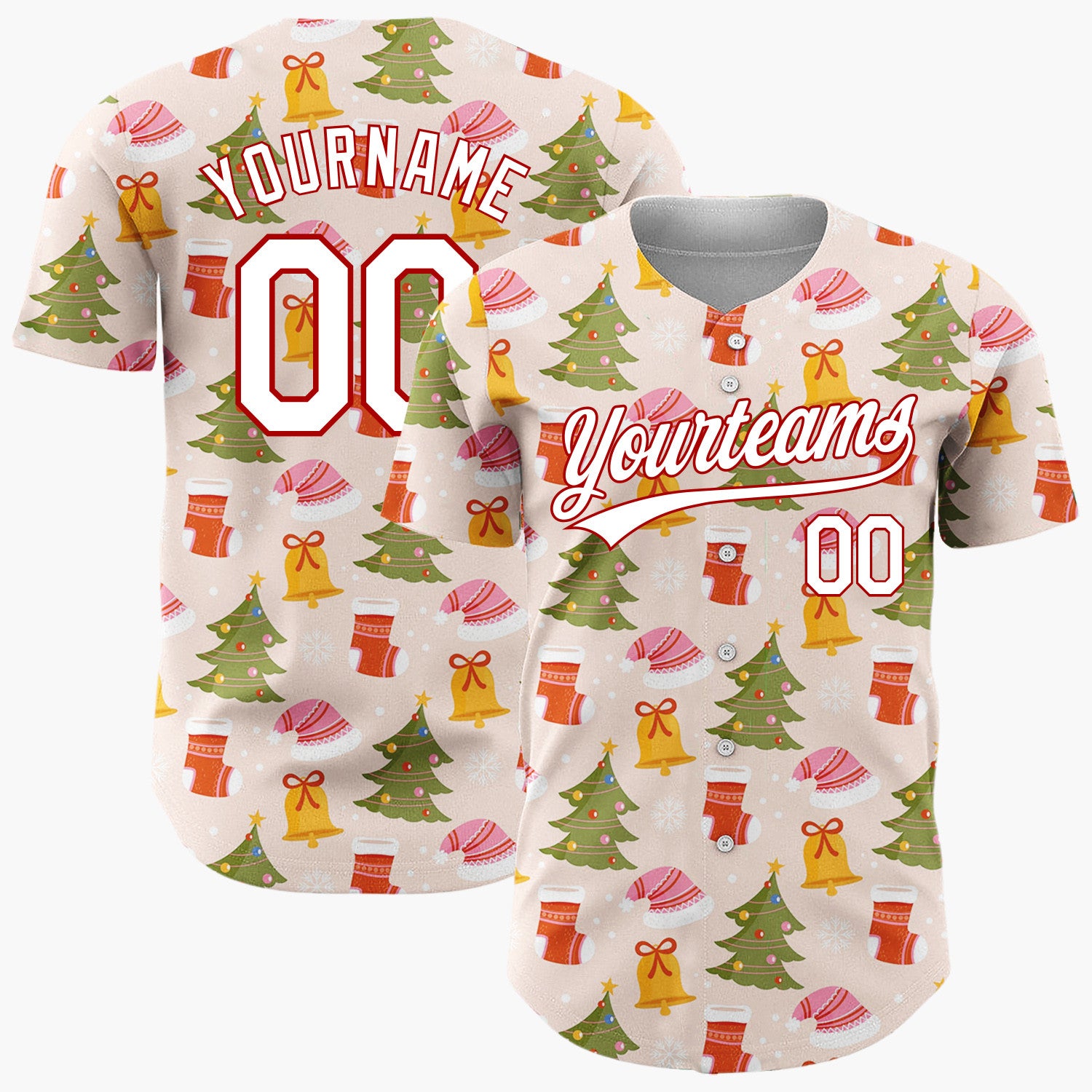 Custom Blush Pink Festive Christmas Trees And Bells Pattern Christmas Baseball Jersey