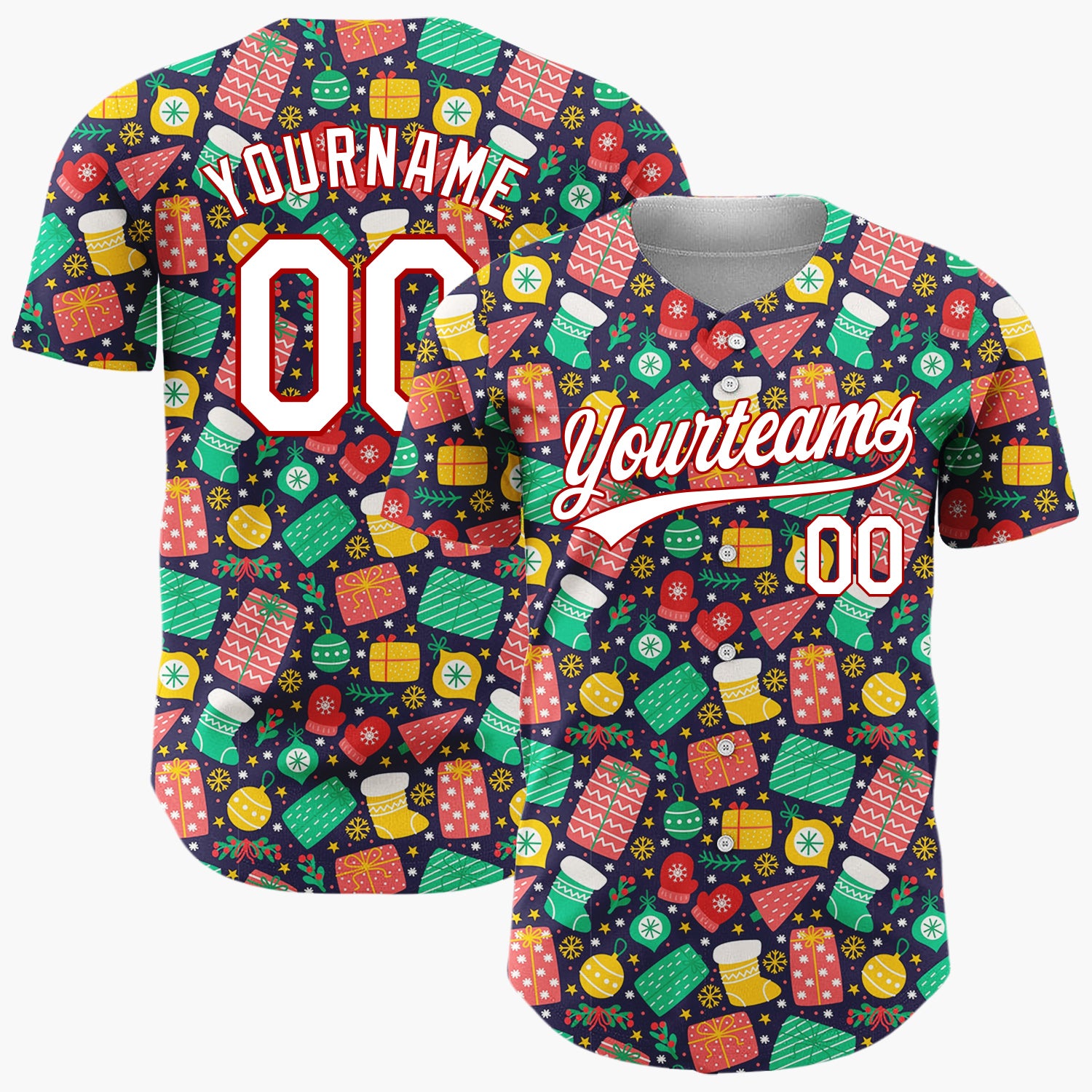 Custom Dark Blue Christmas Gifts Doodles Cartoon Pattern Christmas Baseball Jersey