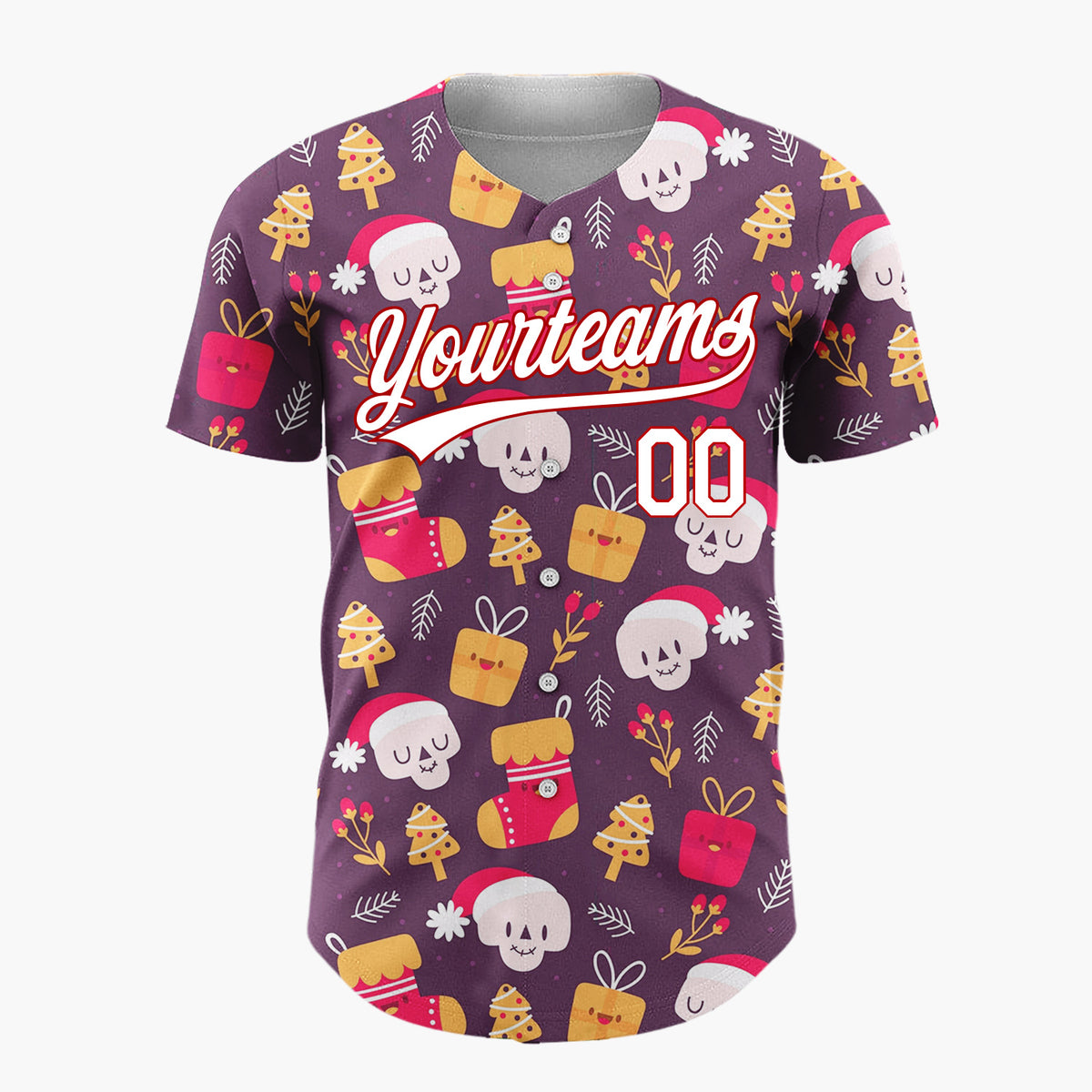 Custom Burgundy Red Yellow Skulls Gifts And Trees Funny Christmas Baseball Jersey