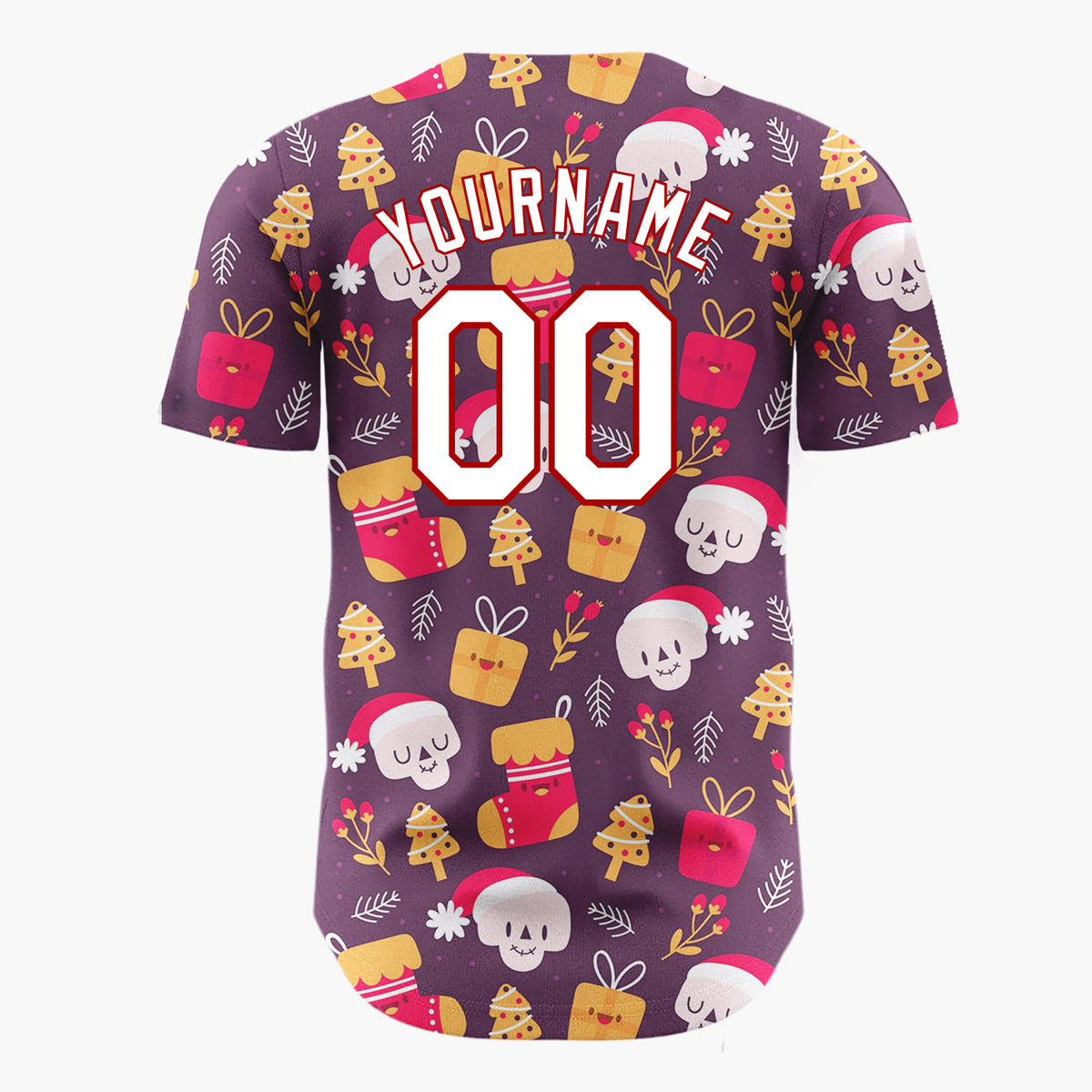 Custom Burgundy Red Yellow Skulls Gifts And Trees Funny Christmas Baseball Jersey
