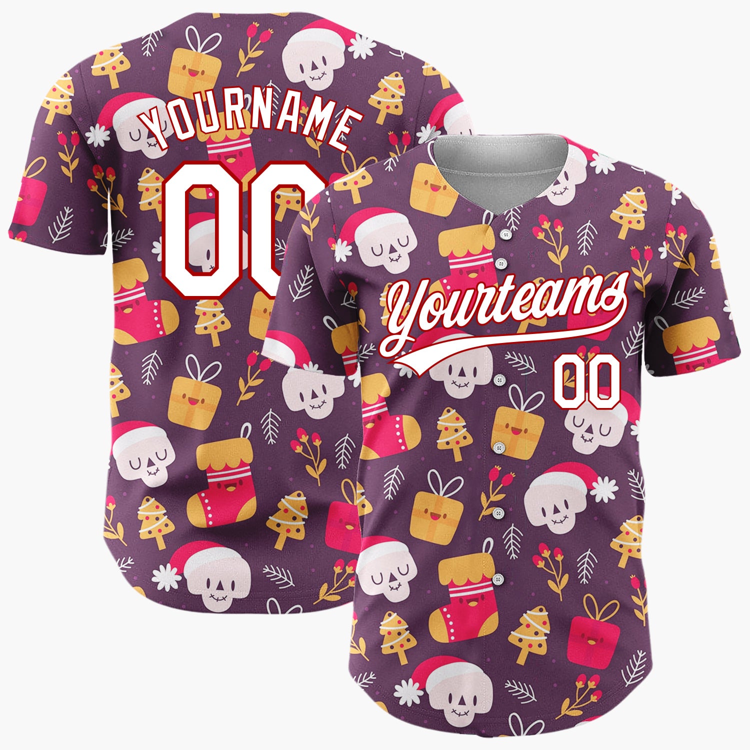 Custom Burgundy Red Yellow Skulls Gifts And Trees Funny Christmas Baseball Jersey