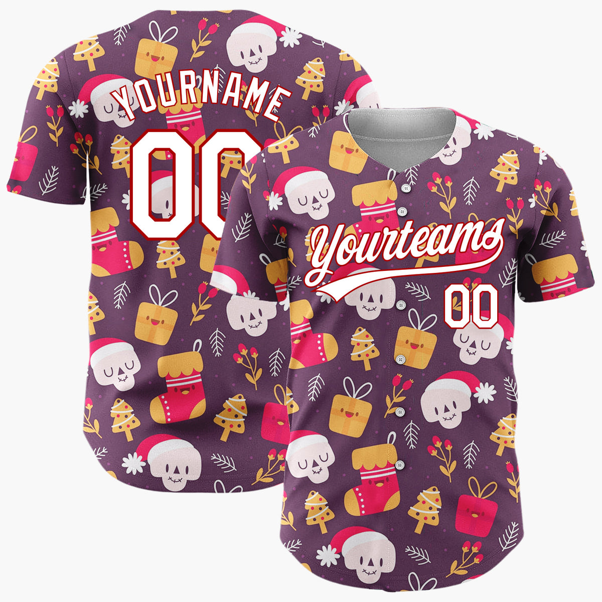 Custom Burgundy Red Yellow Skulls Gifts And Trees Funny Christmas Baseball Jersey