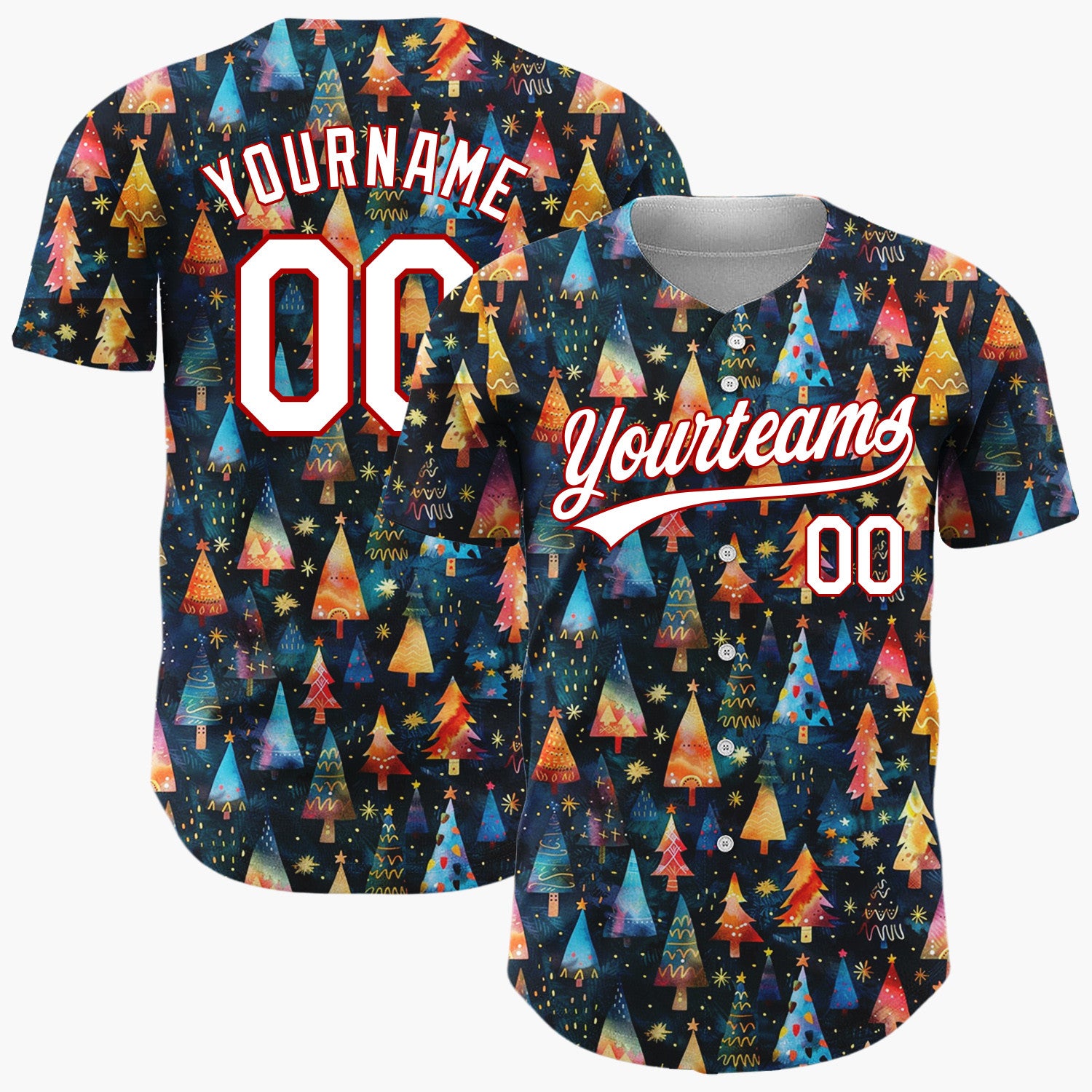Custom Dark Blue Christmas Trees Abstract Cartoon Gradient Pattern Christmas Baseball Jersey