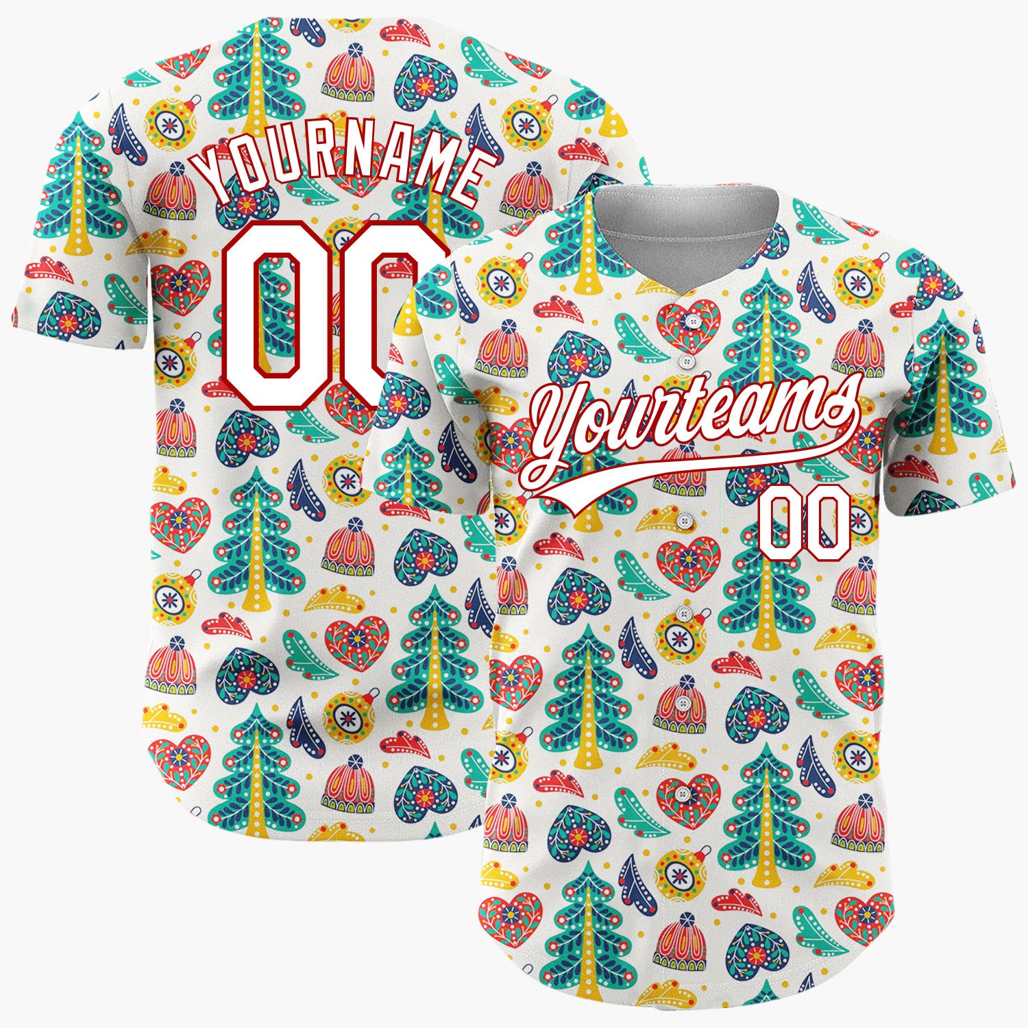 Custom Cream Multicolor Abstract Floral Folk Art Christmas Baseball Jersey