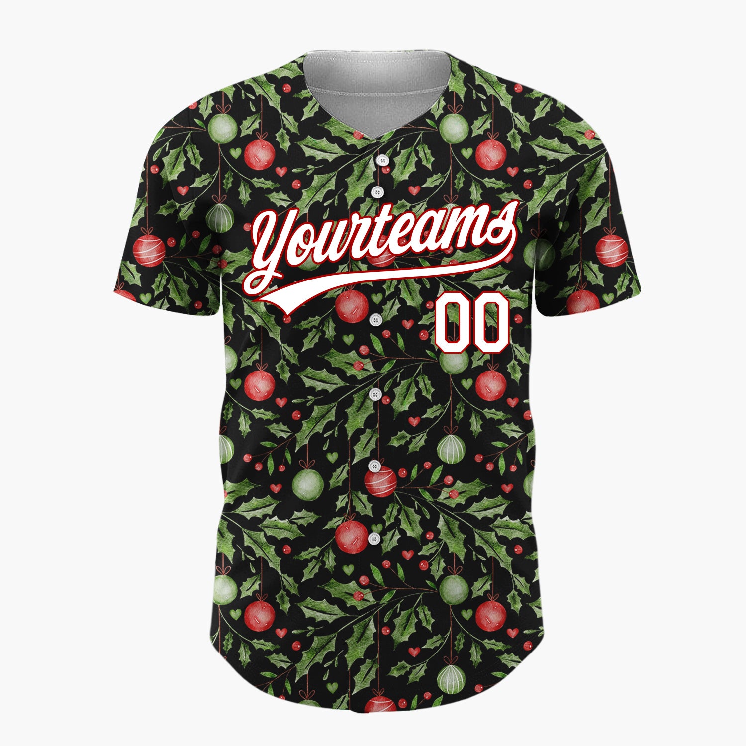 Custom Black Holly Leaves And Ornaments Watercolor Christmas Baseball Jersey