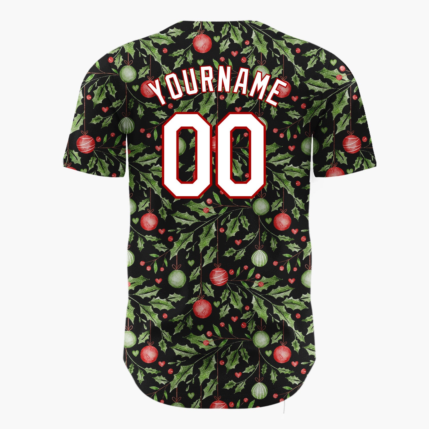 Custom Black Holly Leaves And Ornaments Watercolor Christmas Baseball Jersey