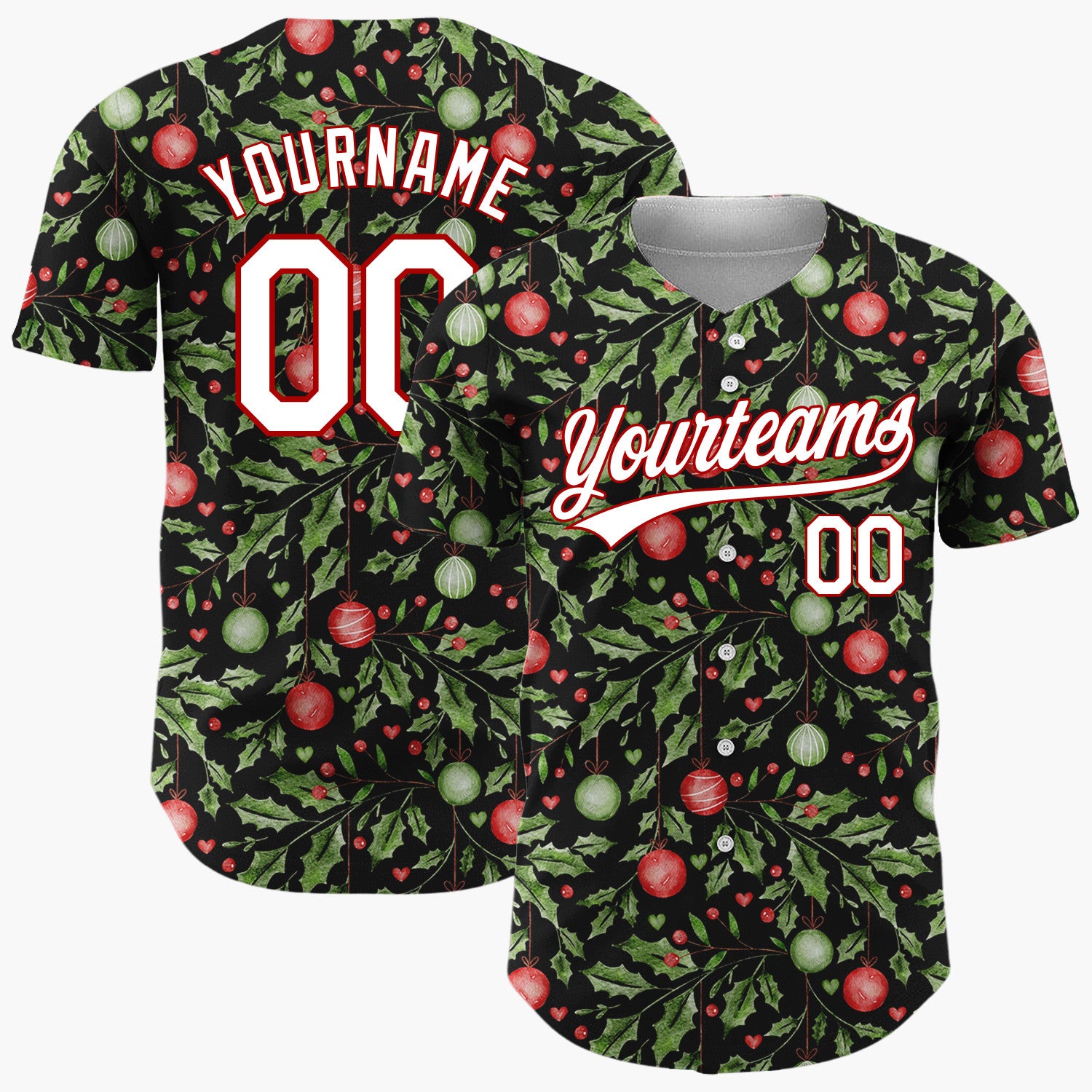 Custom Black Holly Leaves And Ornaments Watercolor Christmas Baseball Jersey