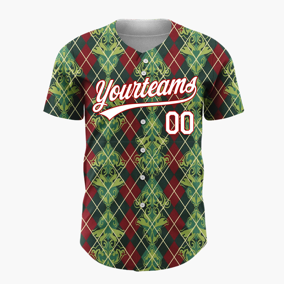 Custom Burgundy Green Vintage Argyle Damask Elegant Holiday Pattern Christmas Baseball Jersey