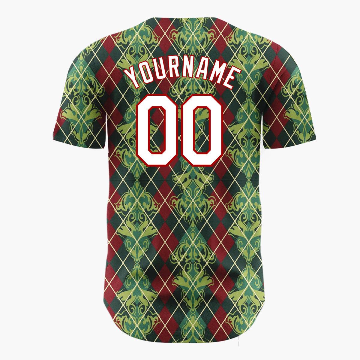Custom Burgundy Green Vintage Argyle Damask Elegant Holiday Pattern Christmas Baseball Jersey