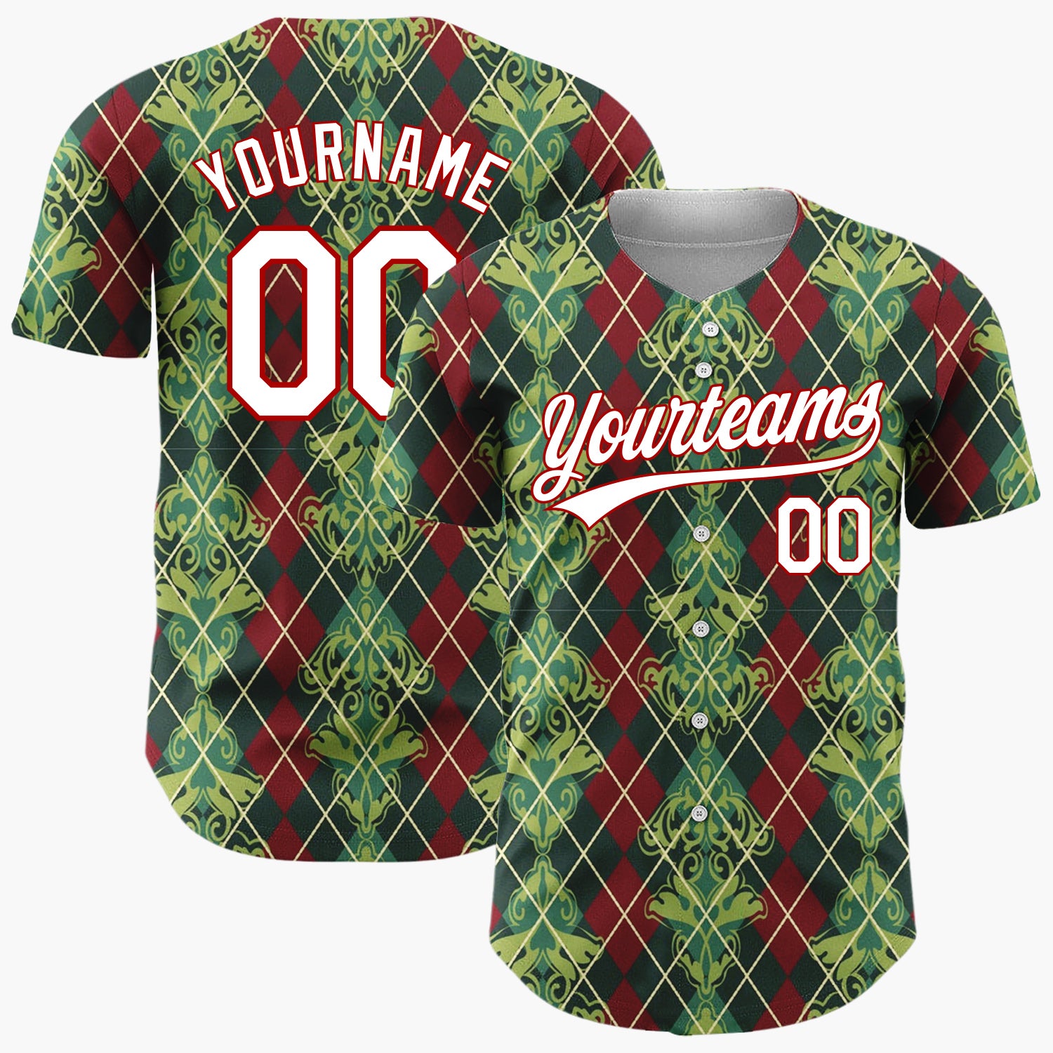 Custom Burgundy Green Vintage Argyle Damask Elegant Holiday Pattern Christmas Baseball Jersey