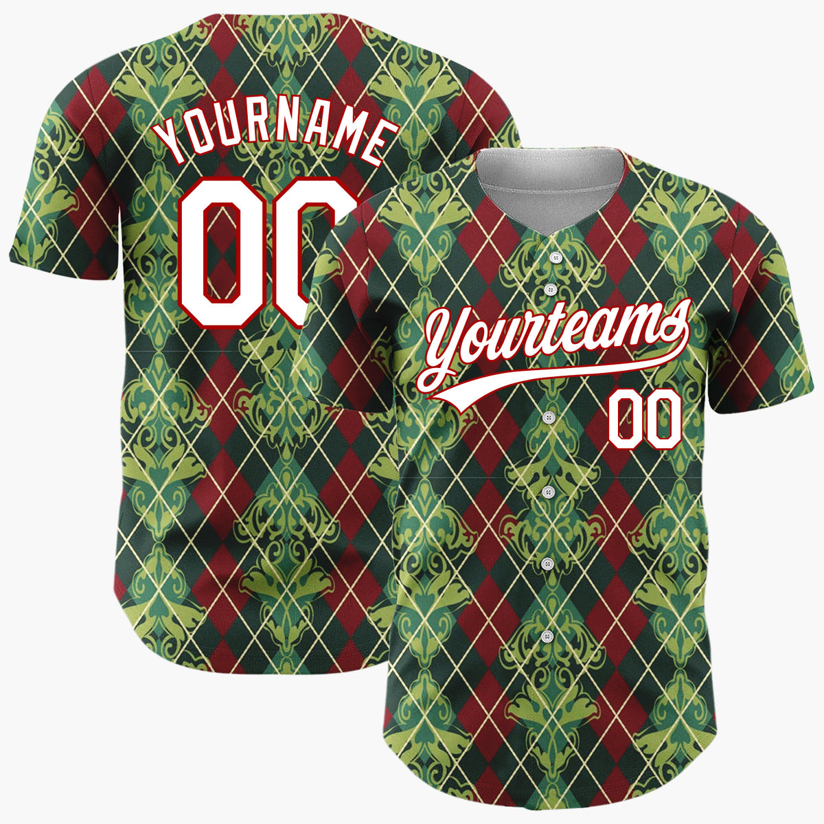 Custom Burgundy Green Vintage Argyle Damask Elegant Holiday Pattern Christmas Baseball Jersey