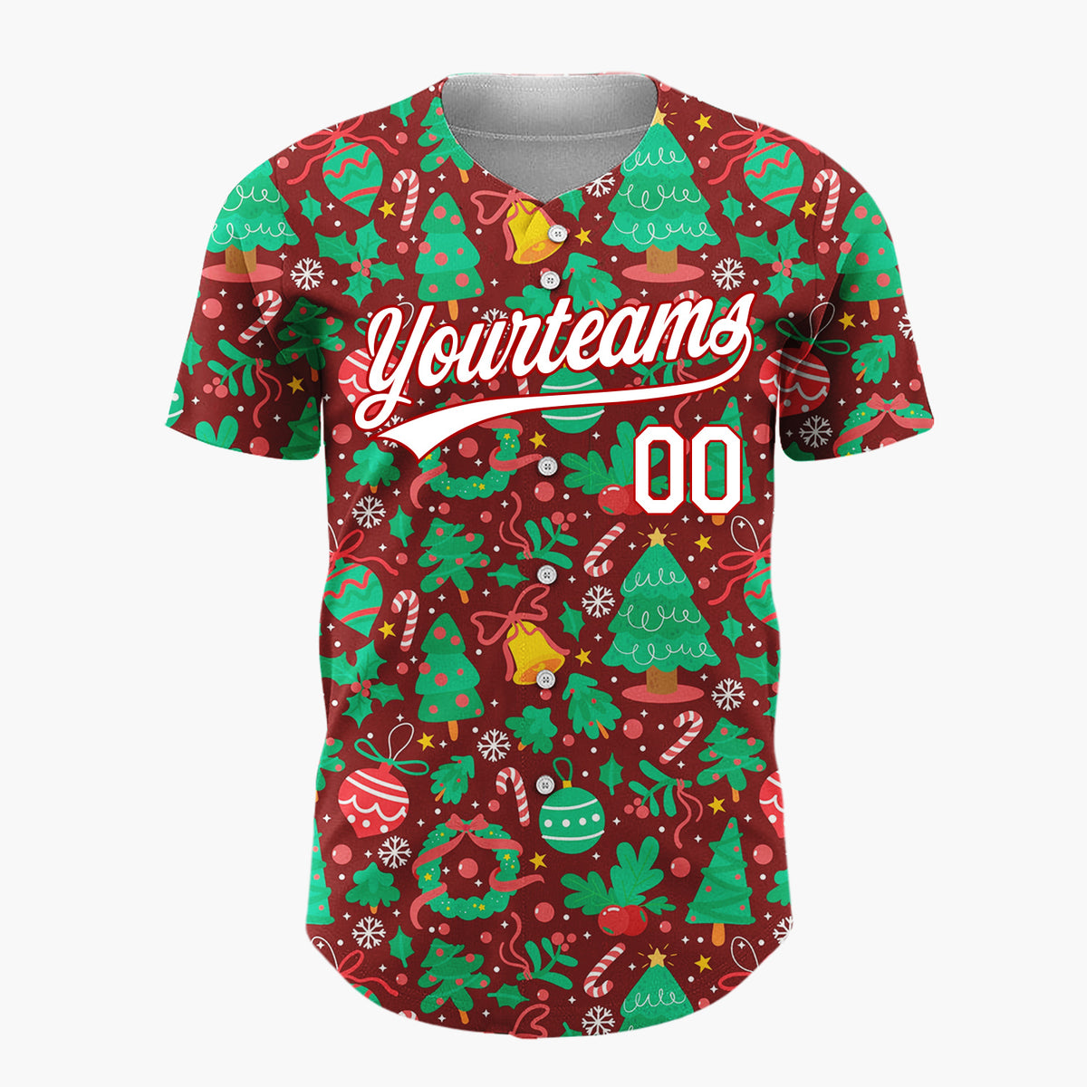 Custom Burgundy Green Trees Ornaments And Wreaths Festive Christmas Baseball Jersey
