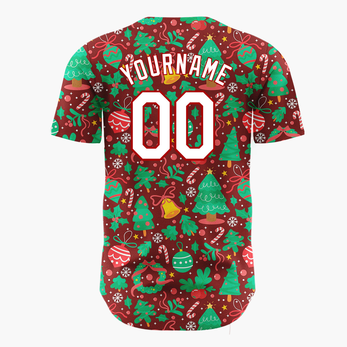 Custom Burgundy Green Trees Ornaments And Wreaths Festive Christmas Baseball Jersey