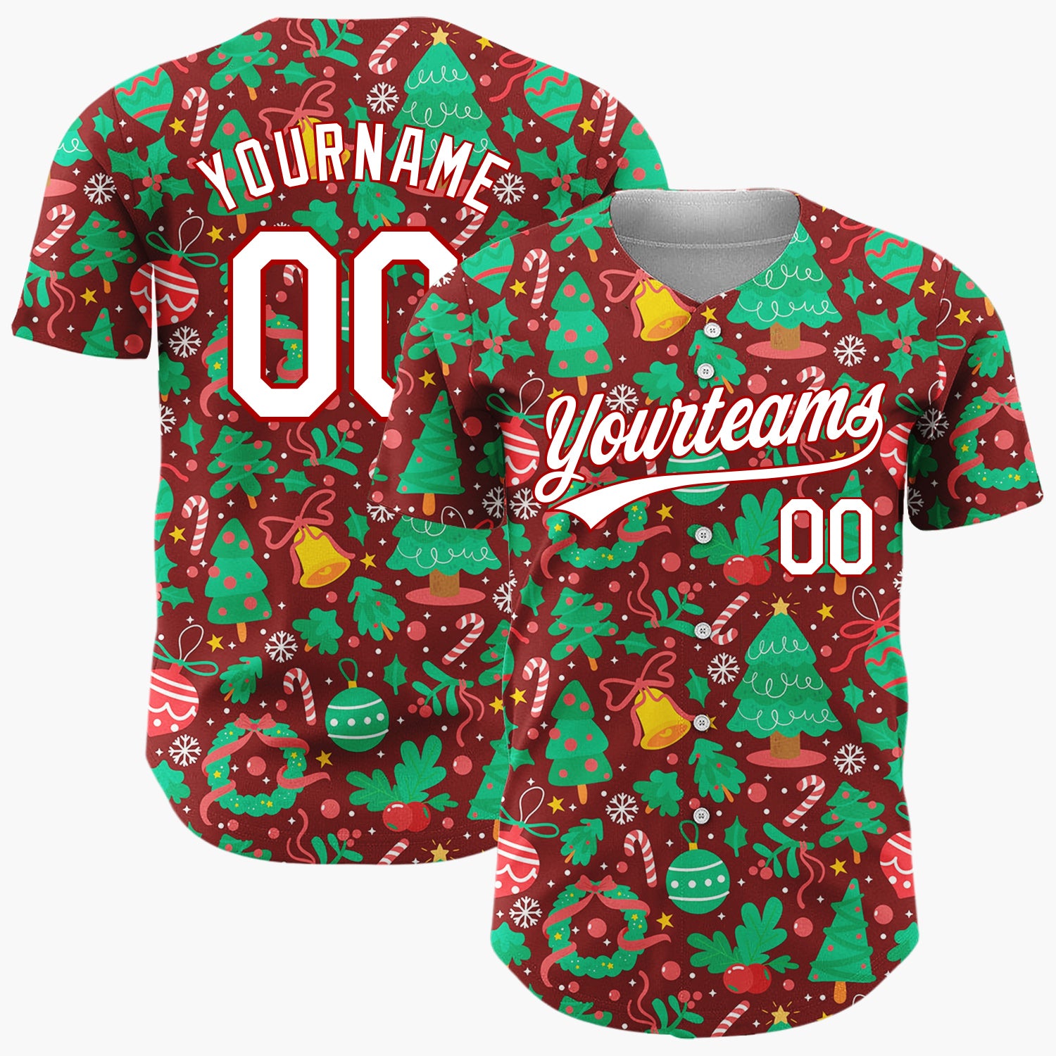 Custom Burgundy Green Trees Ornaments And Wreaths Festive Christmas Baseball Jersey