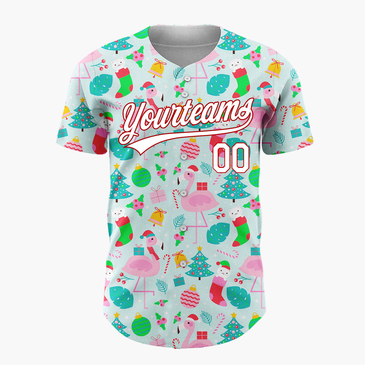 Custom Blue Pink Flamingos Christmas Icons Cheerful Pattern Christmas Baseball Jersey