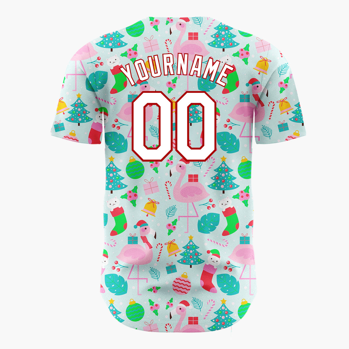 Custom Blue Pink Flamingos Christmas Icons Cheerful Pattern Christmas Baseball Jersey
