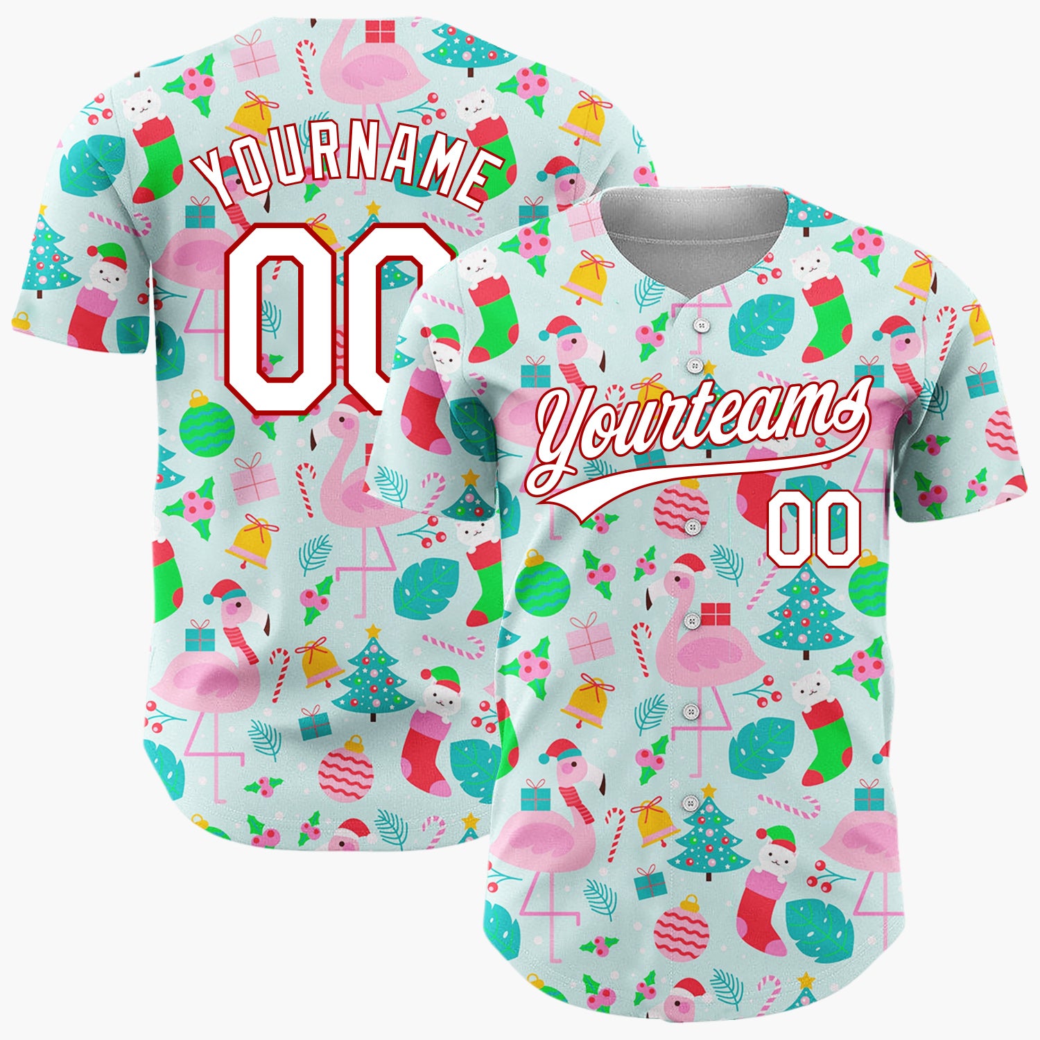 Custom Blue Pink Flamingos Christmas Icons Cheerful Pattern Christmas Baseball Jersey