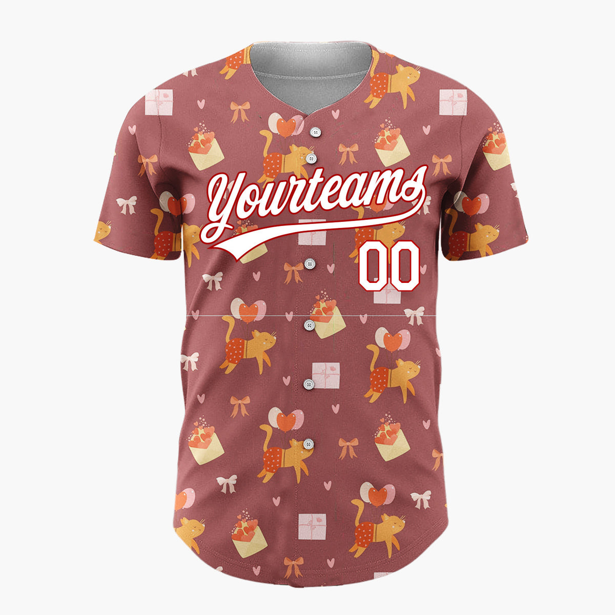 Custom Brown Orange Cats Balloons And Hearts Valentine Pattern Christmas Baseball Jersey