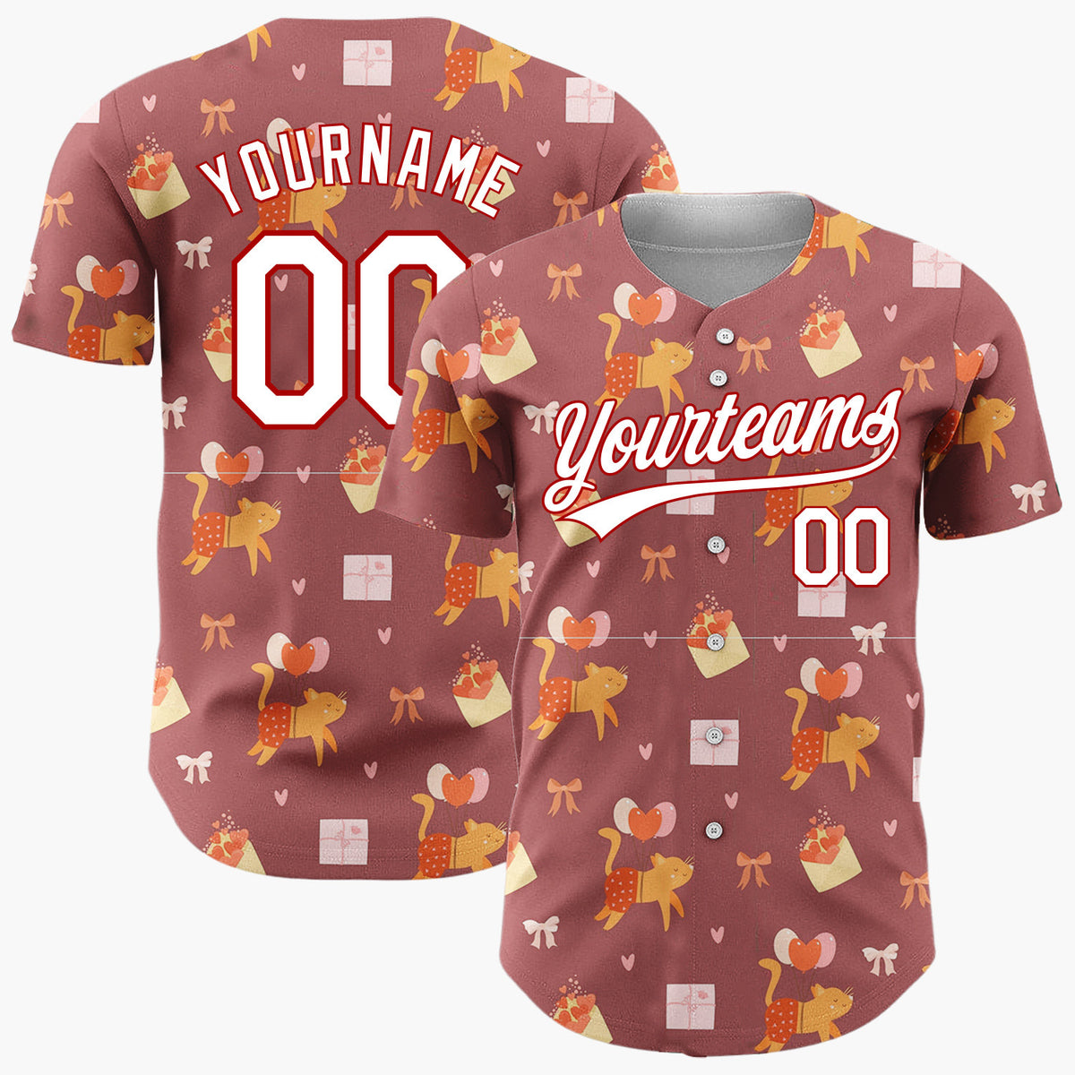 Custom Brown Orange Cats Balloons And Hearts Valentine Pattern Christmas Baseball Jersey