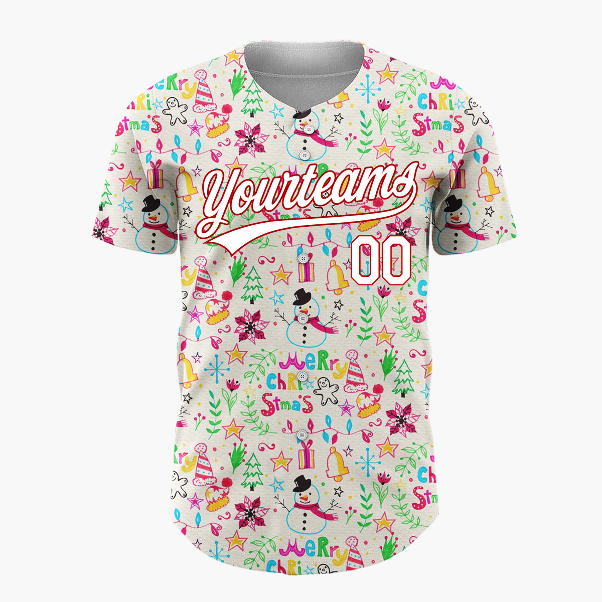 Custom Cream Multicolor Hand Drawn Doodle Christmas Baseball Jersey