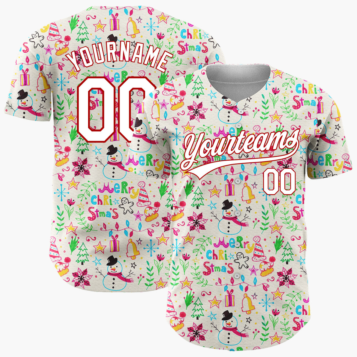Custom Cream Multicolor Hand Drawn Doodle Christmas Baseball Jersey
