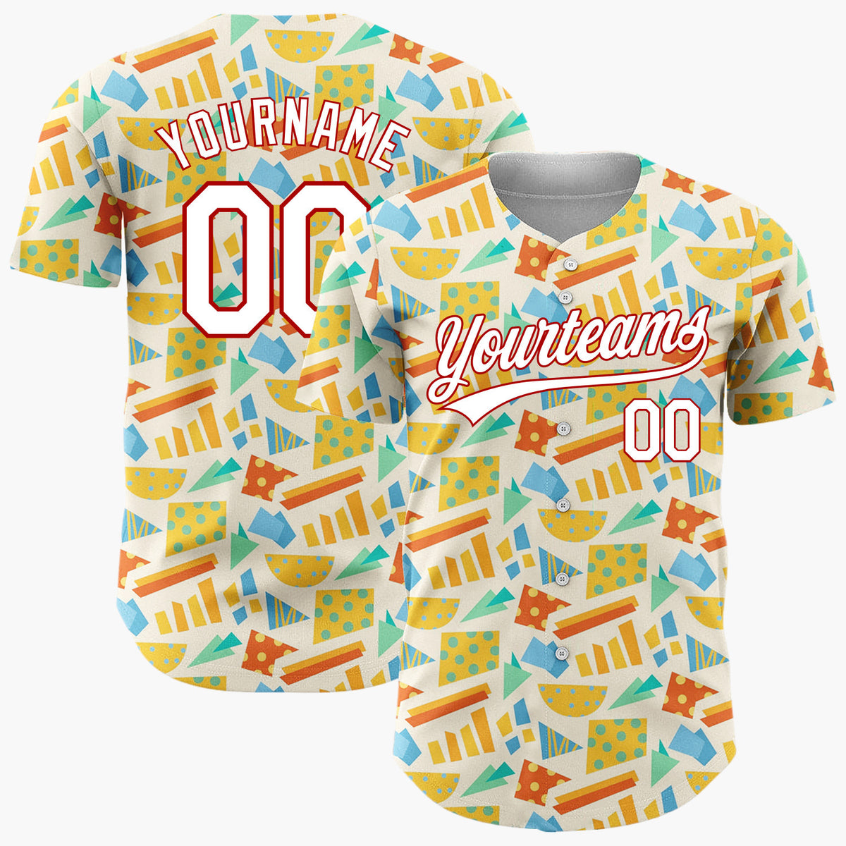 Custom Cream Geometric Shapes Abstract Memphis Pattern Christmas Baseball Jersey