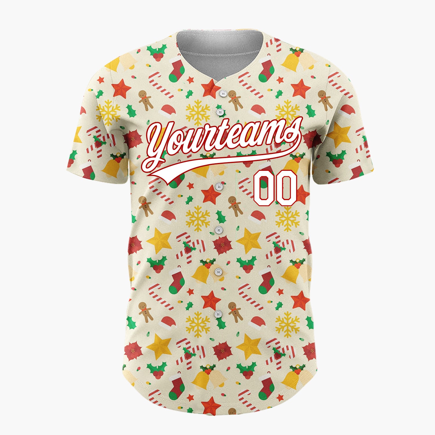 Custom Cream Red Green Stars Bells And Candy Canes Festive Christmas Baseball Jersey