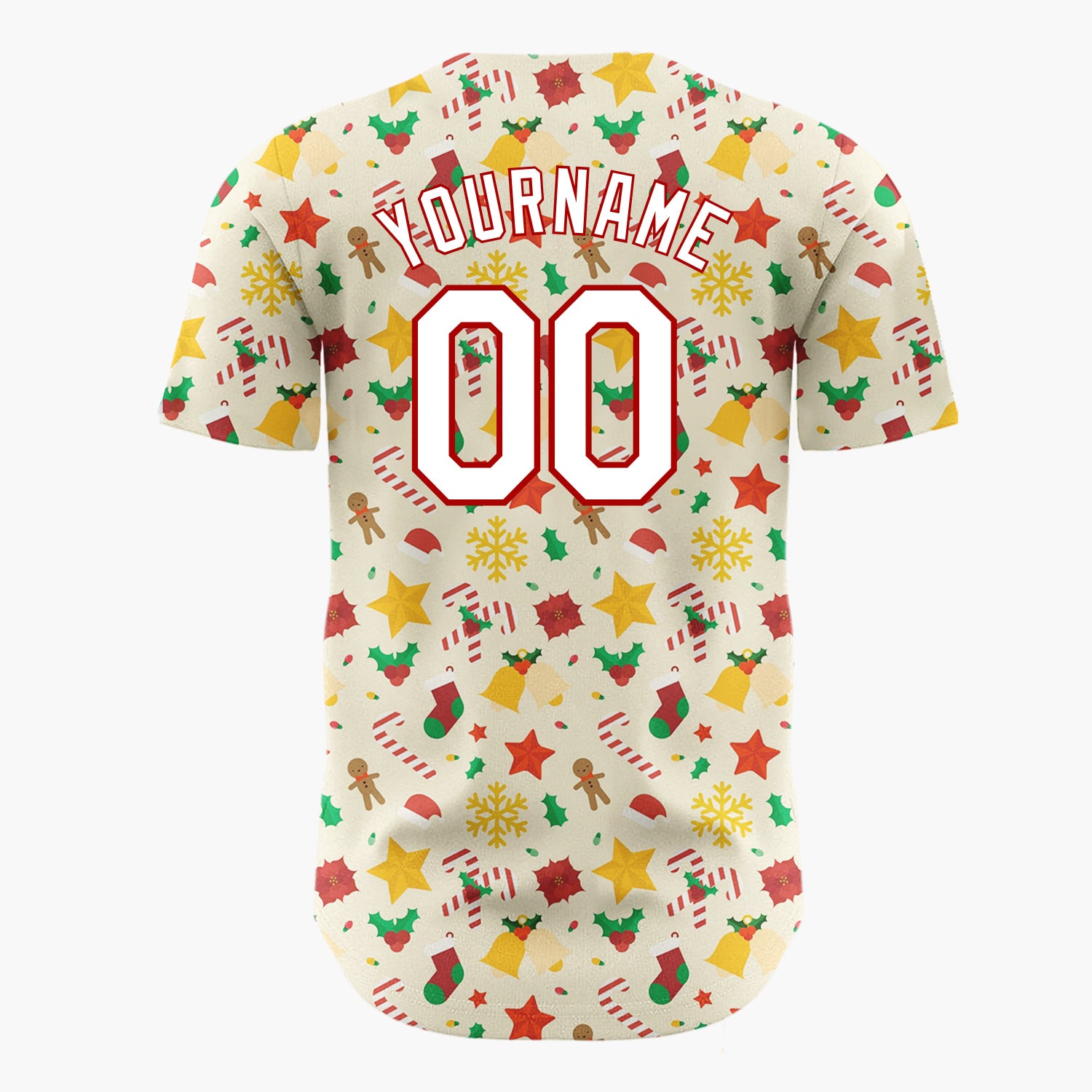 Custom Cream Red Green Stars Bells And Candy Canes Festive Christmas Baseball Jersey