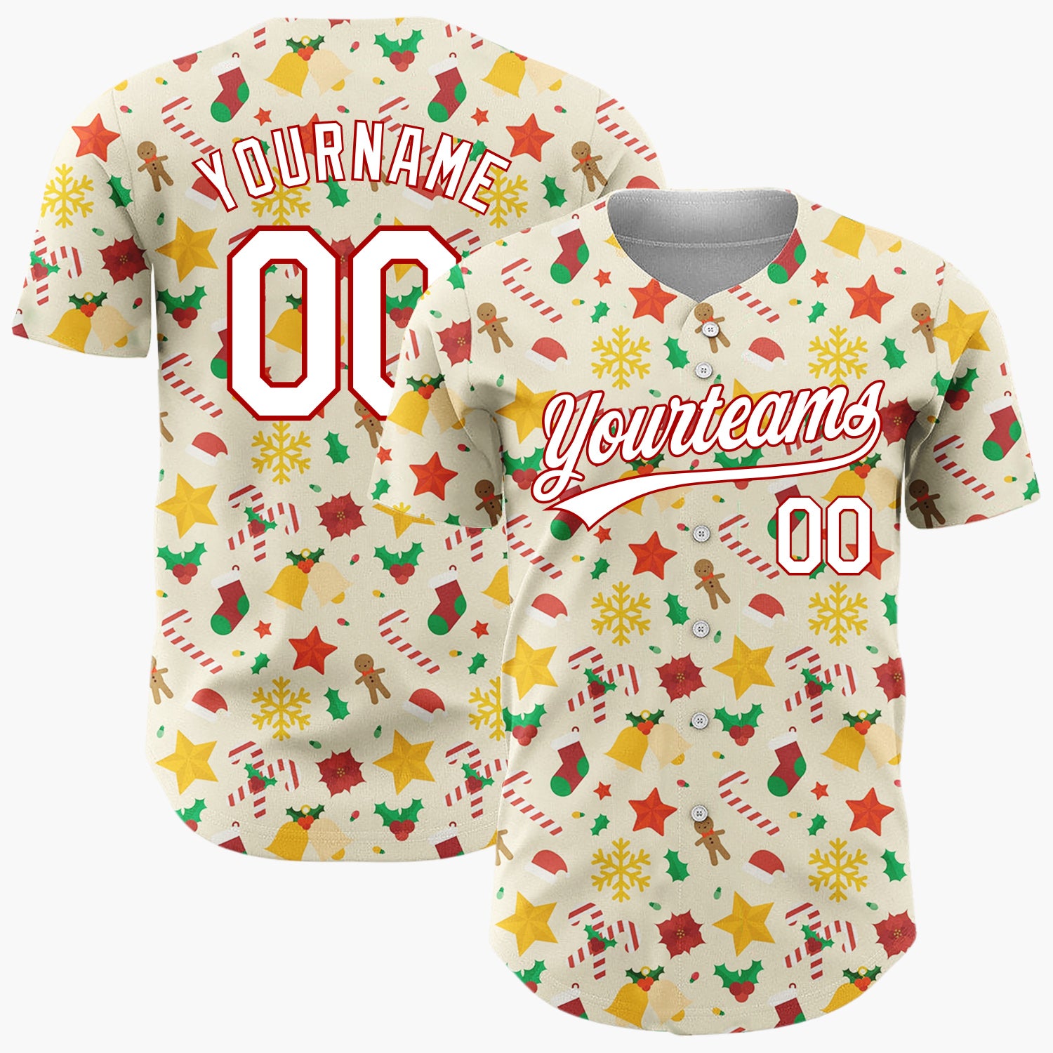 Custom Cream Red Green Stars Bells And Candy Canes Festive Christmas Baseball Jersey