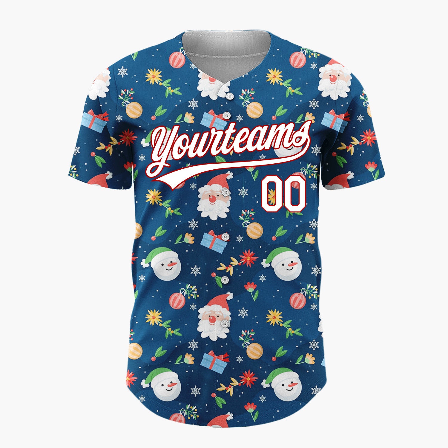 Custom Dark Blue Santa Snowman Festive Doodles Cartoon Pattern Christmas Baseball Jersey