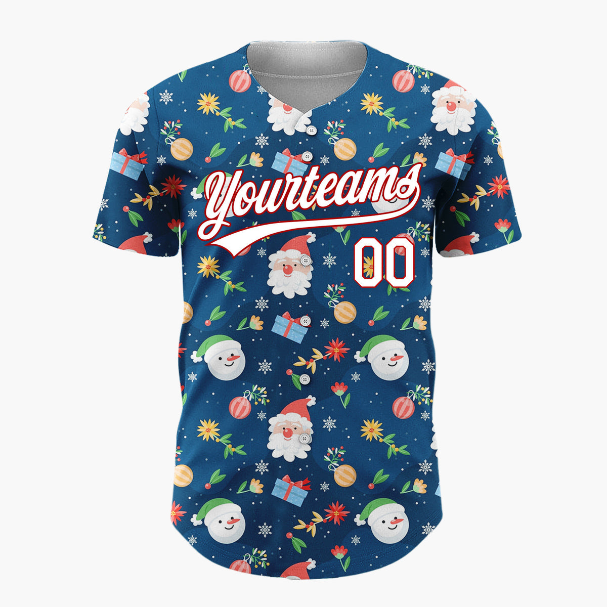 Custom Dark Blue Santa Snowman Festive Doodles Cartoon Pattern Christmas Baseball Jersey