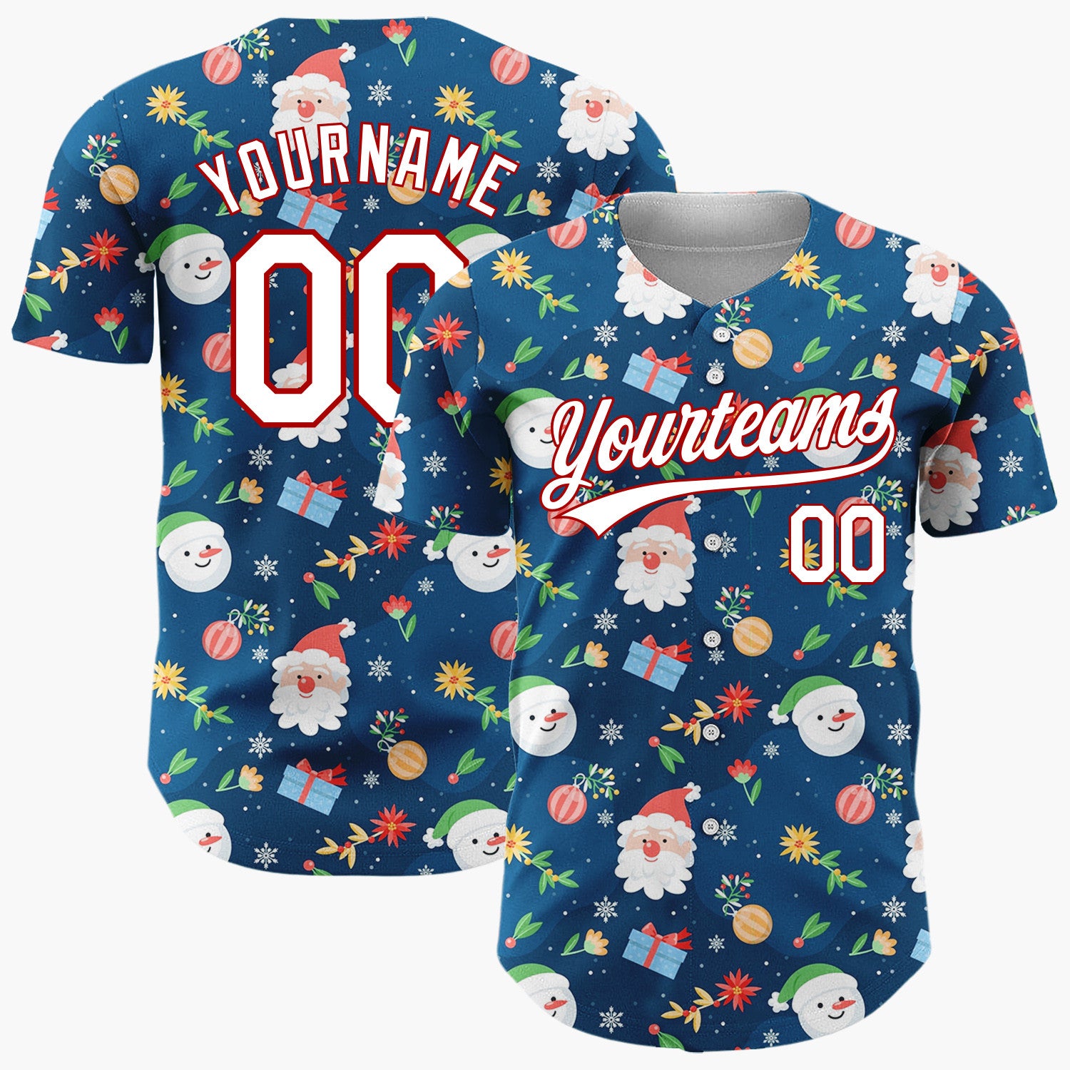 Custom Dark Blue Santa Snowman Festive Doodles Cartoon Pattern Christmas Baseball Jersey