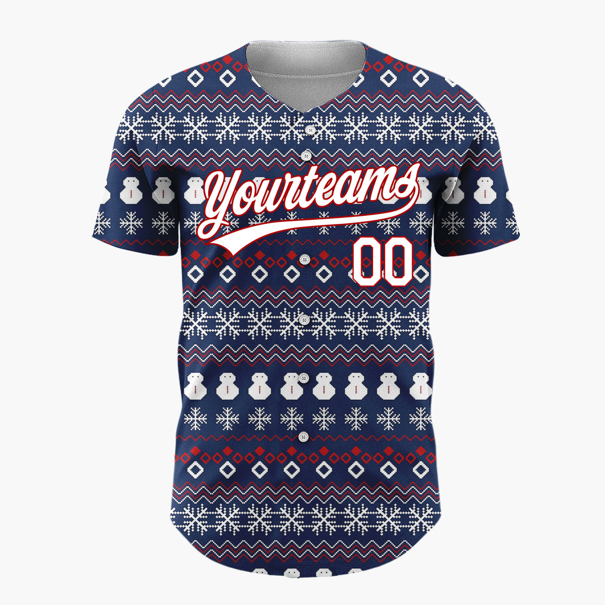 Custom Dark Blue White Snowmen And Snowflakes Knit Pattern Christmas Baseball Jersey