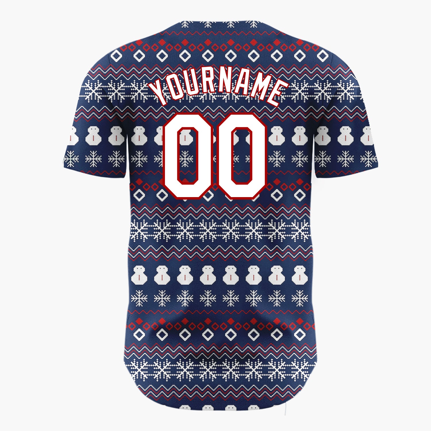 Custom Dark Blue White Snowmen And Snowflakes Knit Pattern Christmas Baseball Jersey