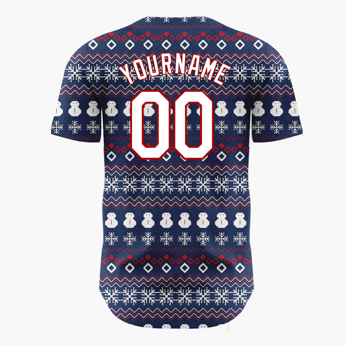 Custom Dark Blue White Snowmen And Snowflakes Knit Pattern Christmas Baseball Jersey