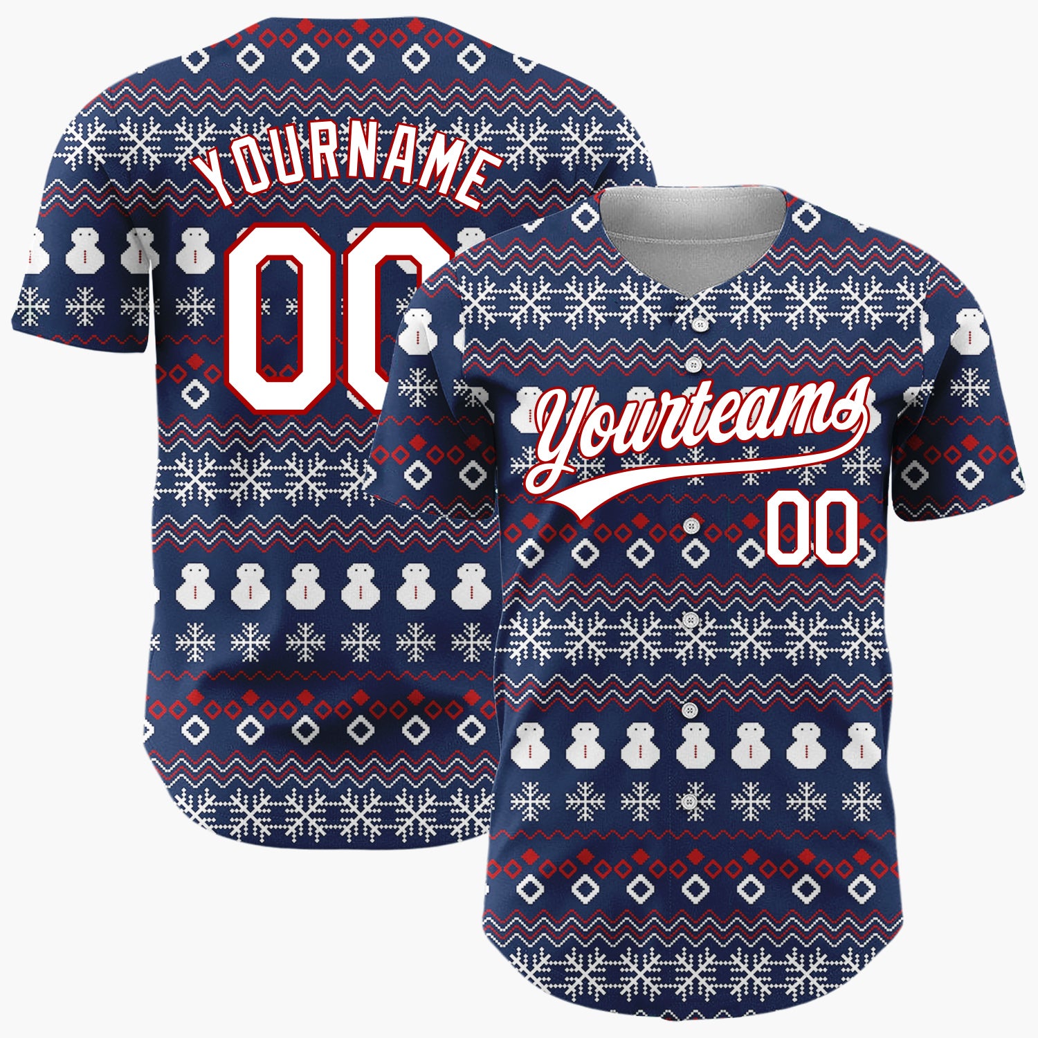 Custom Dark Blue White Snowmen And Snowflakes Knit Pattern Christmas Baseball Jersey