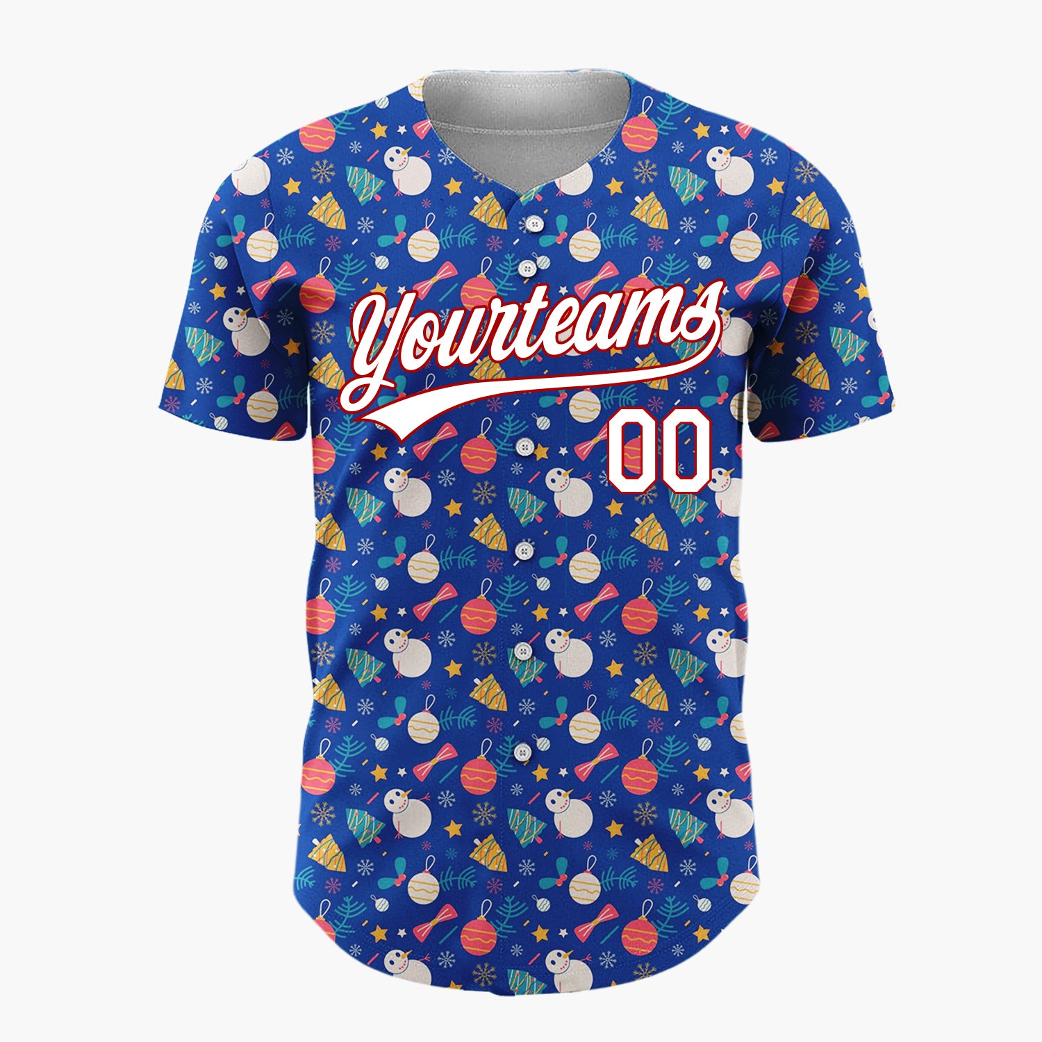 Custom Dark Blue Red Snowmen Ornaments And Stars Whimsical Winter Pattern Christmas Baseball Jersey