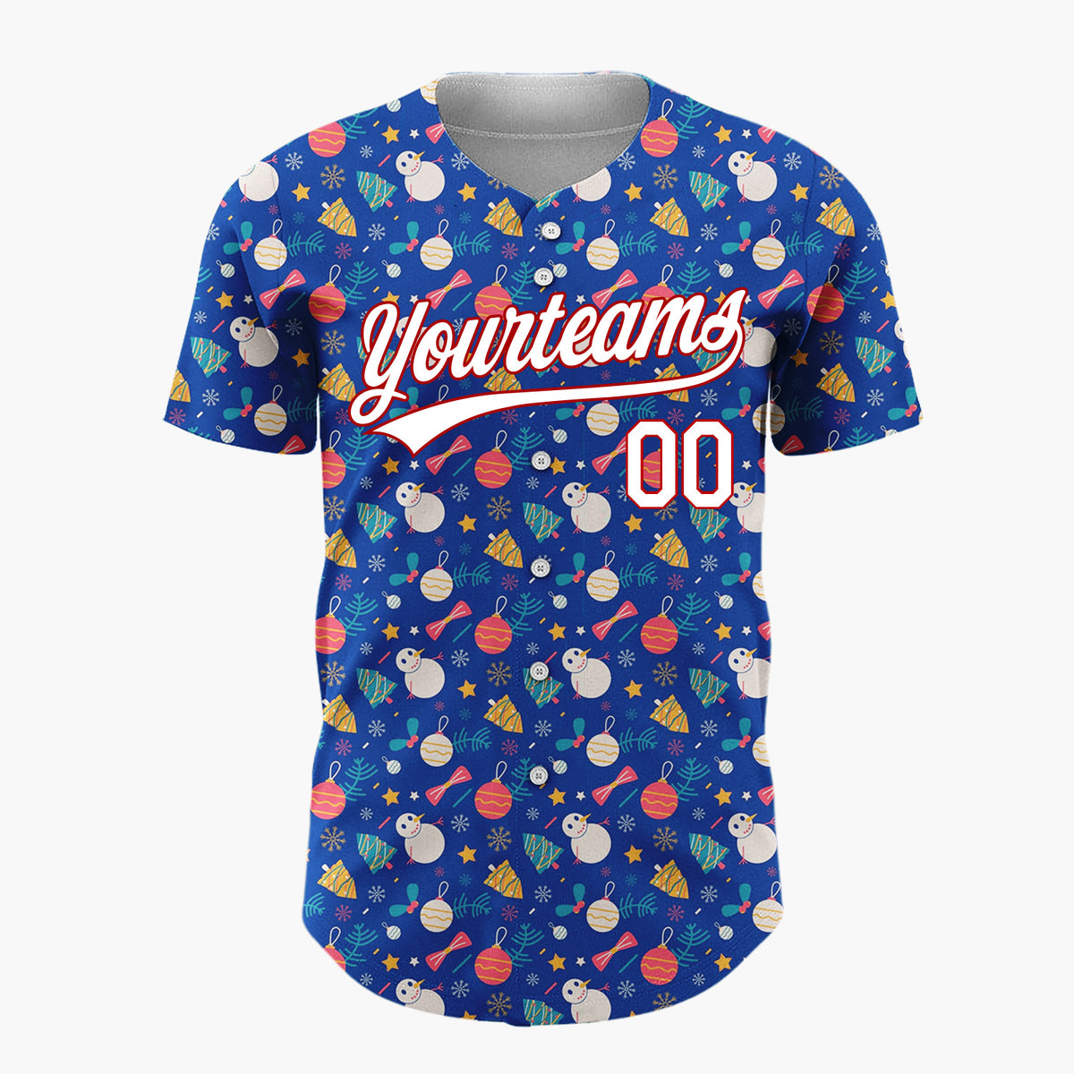 Custom Dark Blue Red Snowmen Ornaments And Stars Whimsical Winter Pattern Christmas Baseball Jersey