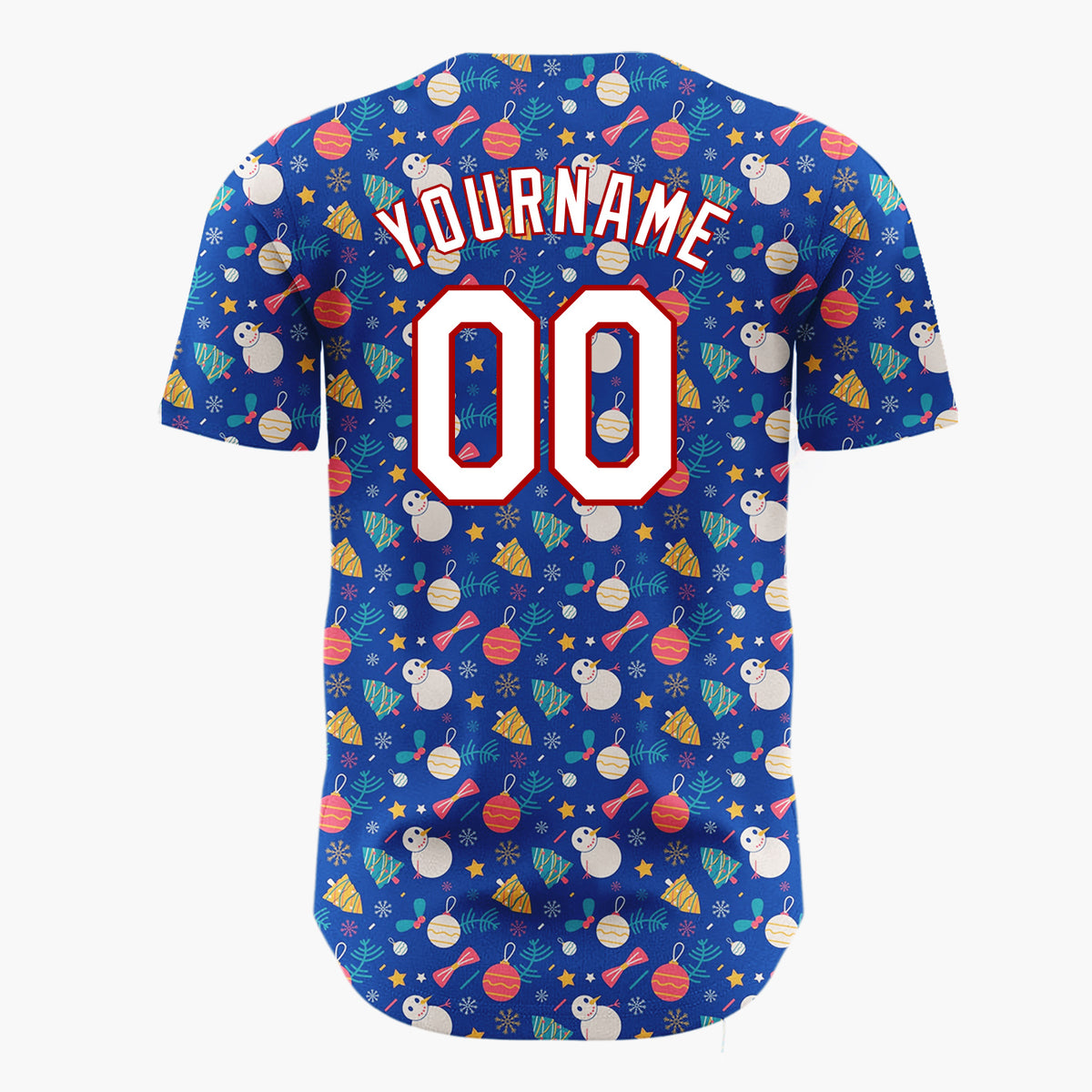 Custom Dark Blue Red Snowmen Ornaments And Stars Whimsical Winter Pattern Christmas Baseball Jersey