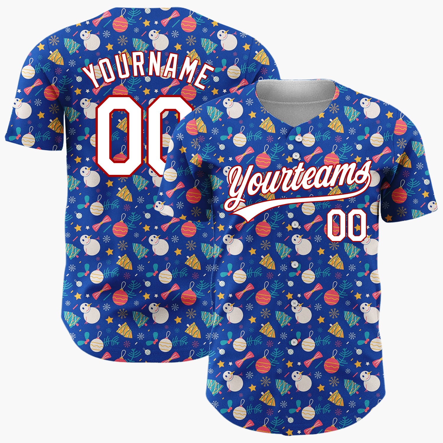 Custom Dark Blue Red Snowmen Ornaments And Stars Whimsical Winter Pattern Christmas Baseball Jersey