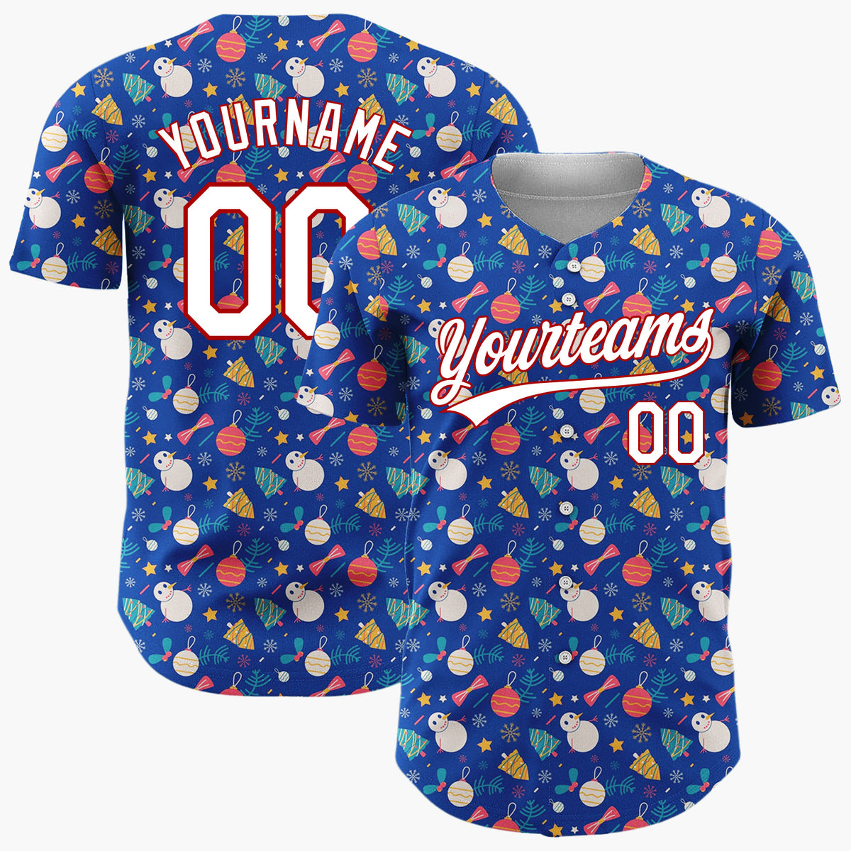 Custom Dark Blue Red Snowmen Ornaments And Stars Whimsical Winter Pattern Christmas Baseball Jersey